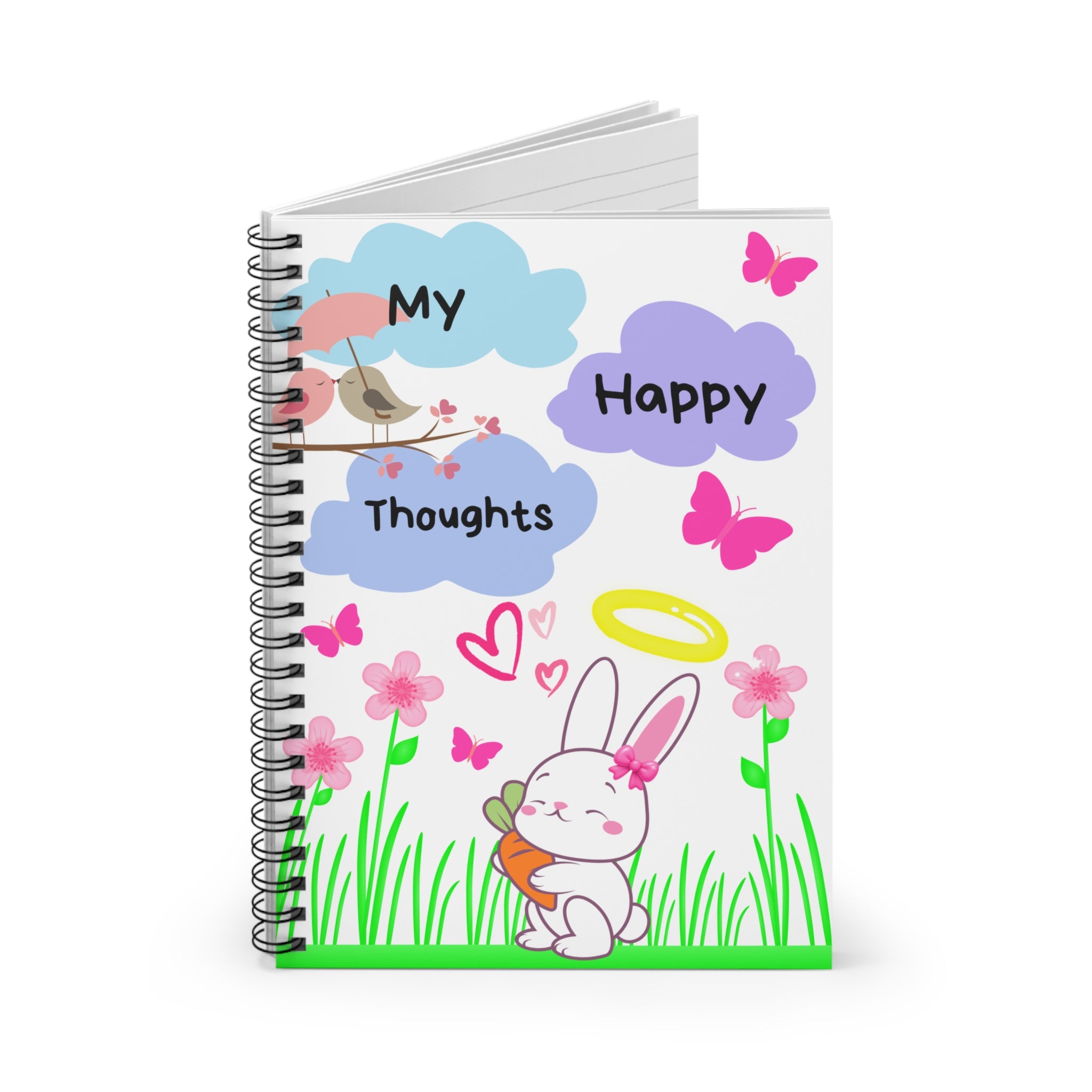 “Cute Bunny Notebook – ‘My Happy Thoughts’ Clouds Journal with Pink Butterflies, Pastel Aesthetic Spiral Notebook for Girls (6x8, 118 Pages)”