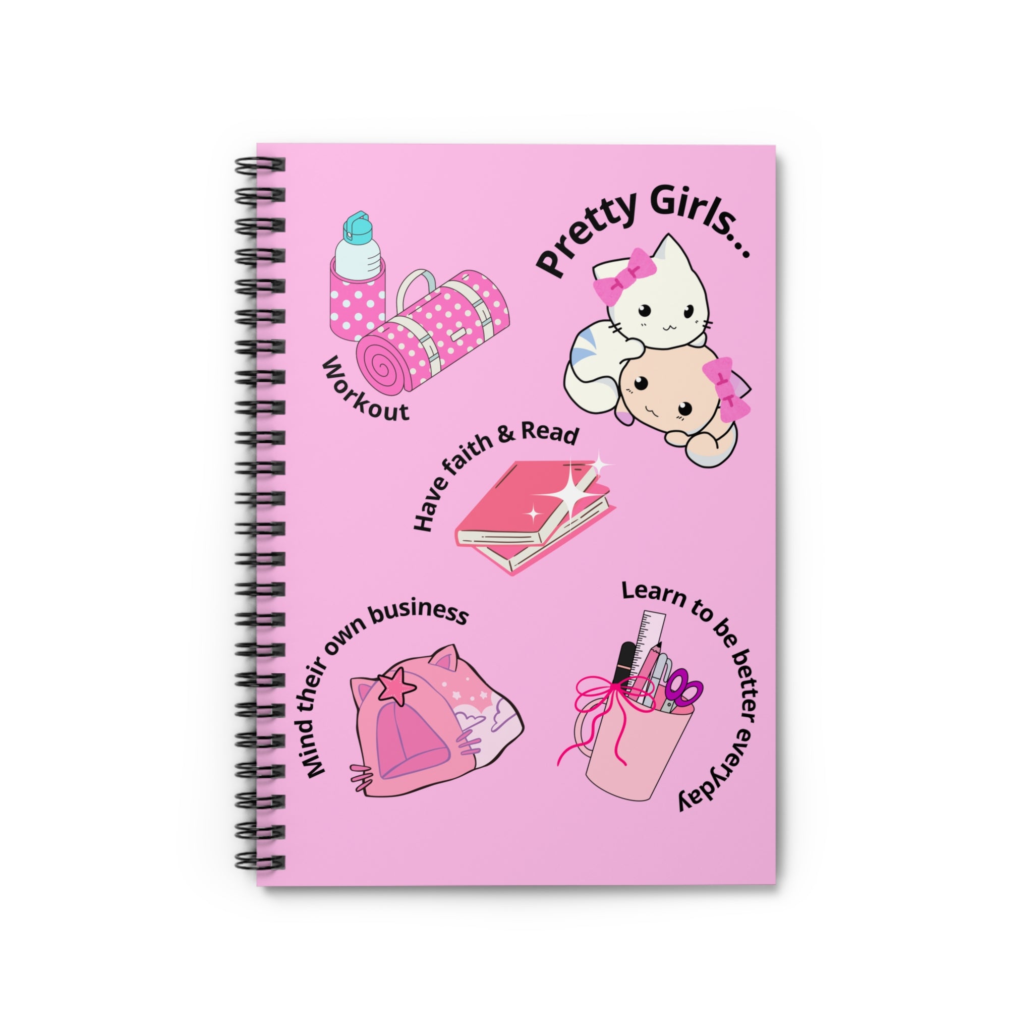 “Pretty Girls Spiral Notebook – Kawaii Kitten Journal with Cute Drawings | Pastel Pink Aesthetic Motivational Notebook (6x8, 118 Pages)”