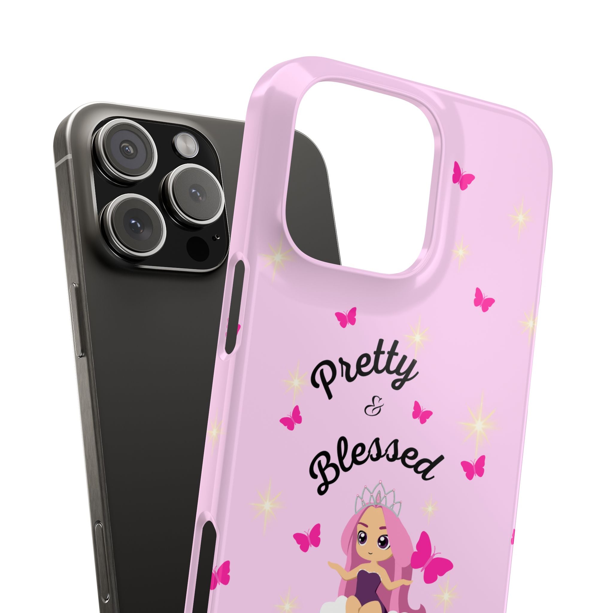 “Pretty & Blessed Light Pink Phone Case - Slim Cute Protective Cover with Lisa Frank-Inspired Kawaii Doll, Hot Pink Butterflies & Cloud Aesthetic”