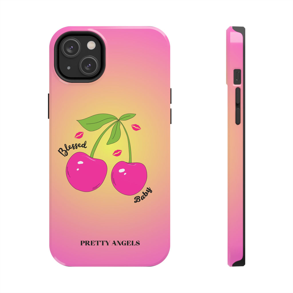 Blessed Baby Sunset Cherry Phone Case — Cute Hot Pink Cherry & Kisses