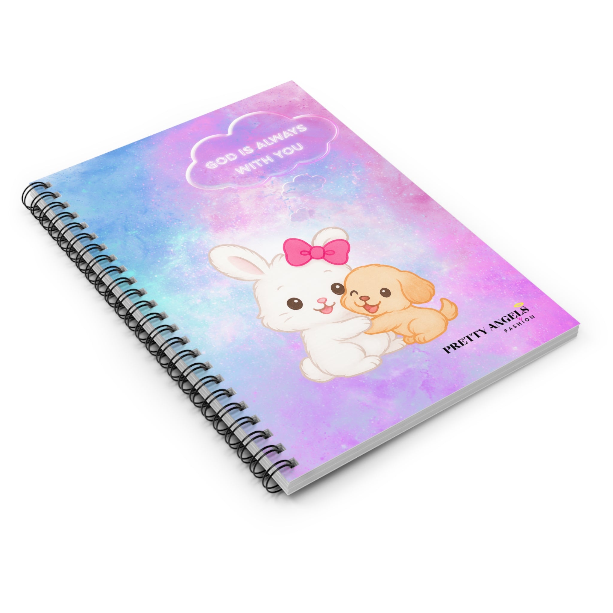 “Galaxy Bunny & Puppy Hug Spiral Notebook – Kawaii Pastel Journal with Stars & ‘God Is Always With You’ Cloud”