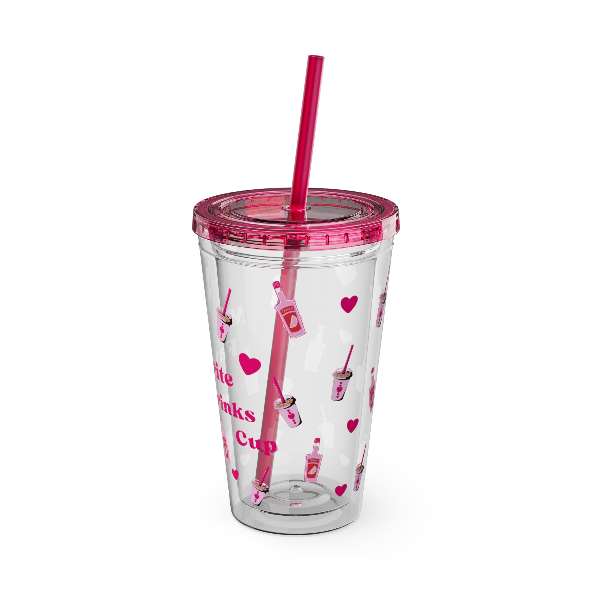 “My Favorite Drinks Cup” - 16oz Clear Acrylic Tumbler with Hot Pink Hearts & Girly Drink Patterns | Fun Party Girl Cup for Baddies