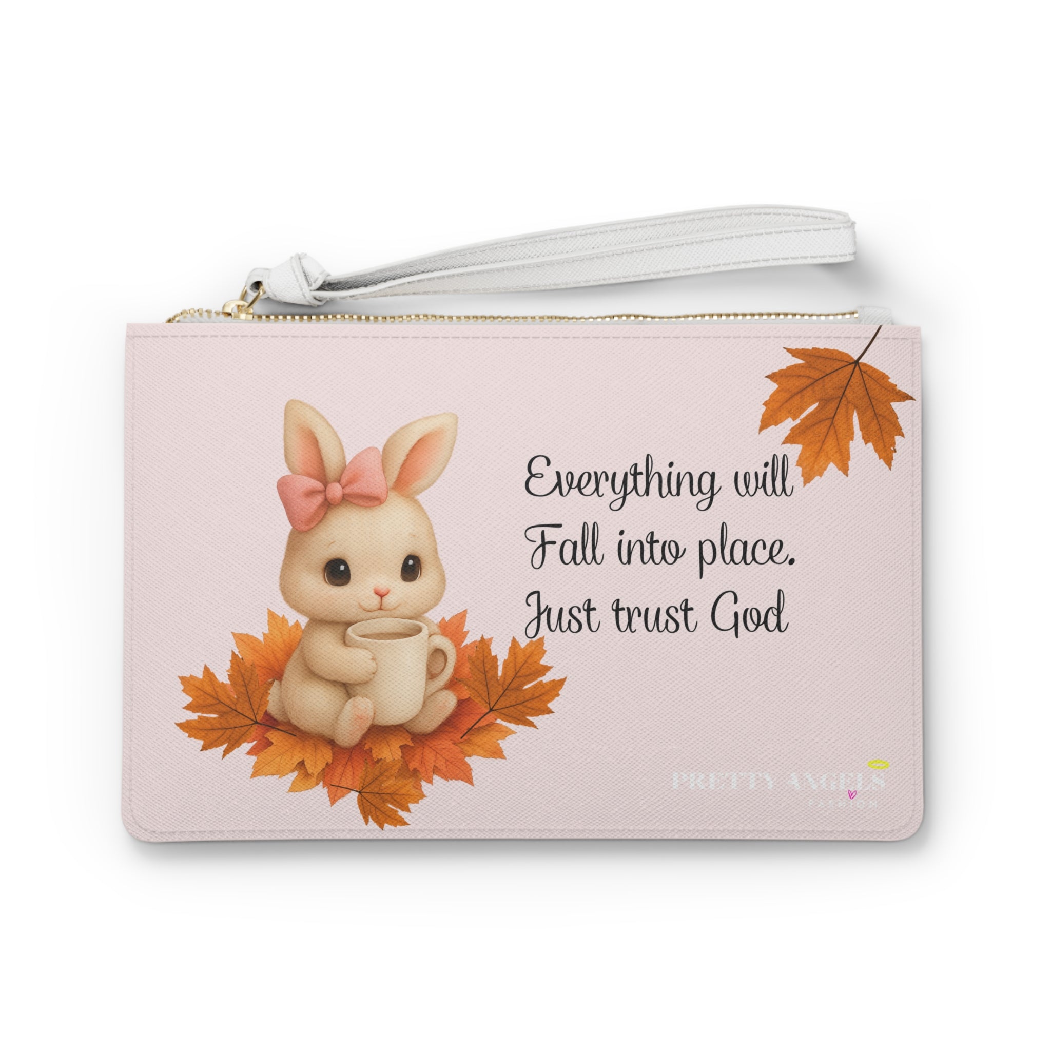 Cute Luxury Fall Makeup Bag – Autumn Bunny Design with Leaves & “Everything Will Fall Into Place, Just Trust God” Quote (Polyurethane Leather, 9.5” x 6.6”