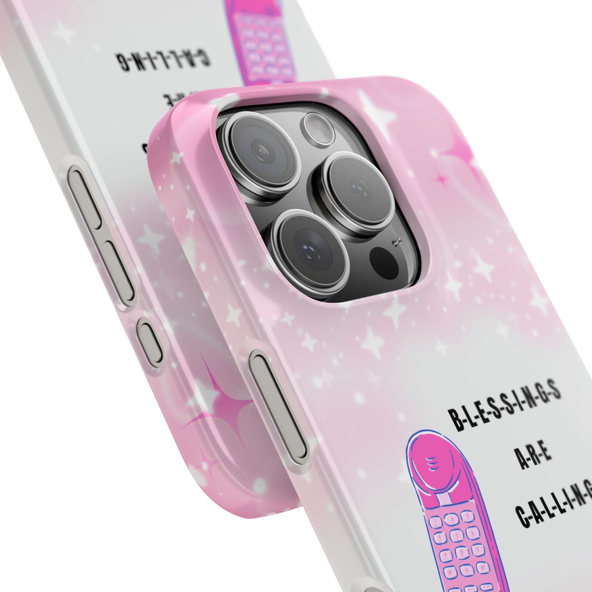 “Blessings Are Calling Ombré Pink & White Phone Case - Slim, Lightweight & Sparkle Shapes for Girly Fairy Aesthetics”