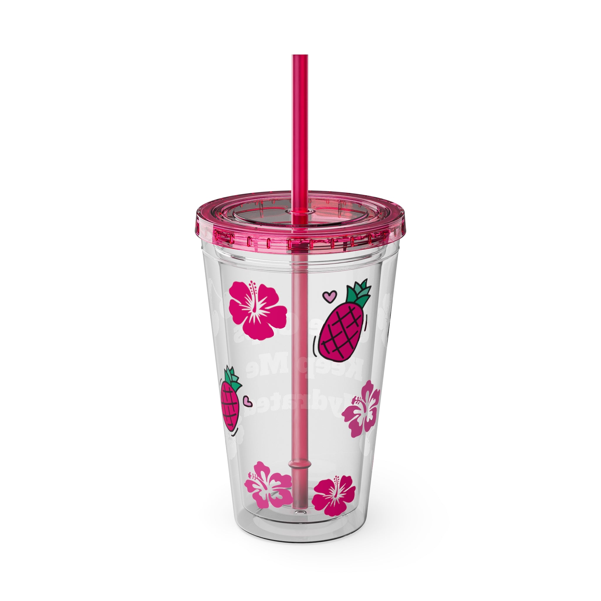 Clear Barbie Baddie Tumbler - 16oz Acrylic Cup with Lid & Flexible Straw | “Cute Cups Keep Me Hydrated” with Hot Pink Cherries, Hibiscus & Pineapples