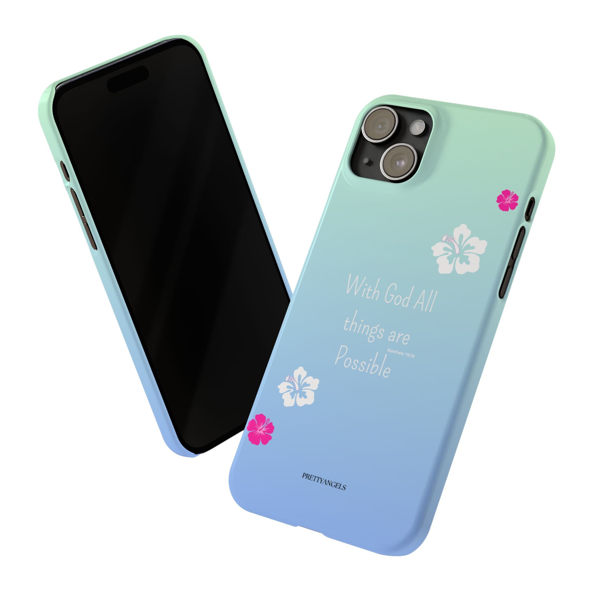“With God All Things Are Possible” Phone Case - Ocean Barbie Aesthetic Slim Case Cover in Teal Blue Ombré with Hot Pink & White Hibiscus Flowers