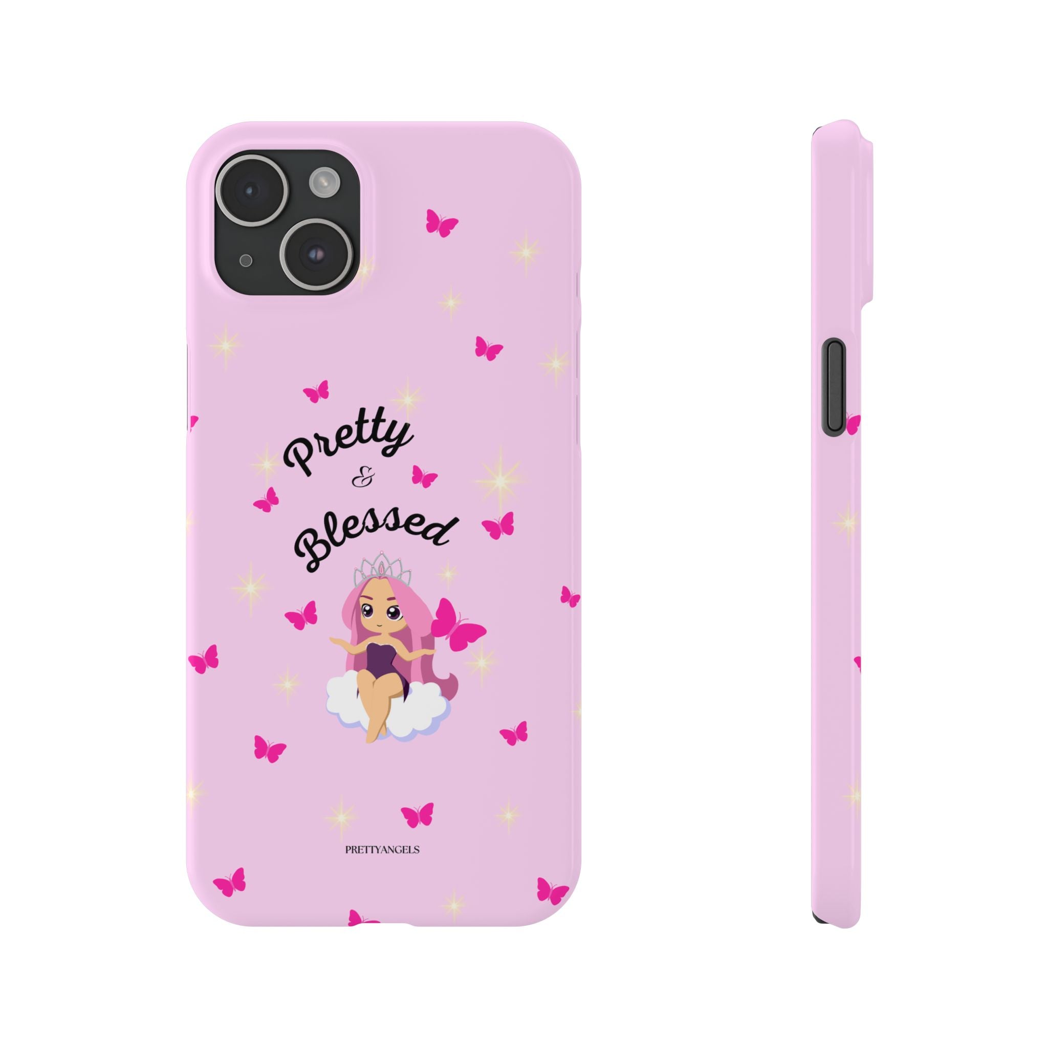“Pretty & Blessed Light Pink Phone Case - Slim Cute Protective Cover with Lisa Frank-Inspired Kawaii Doll, Hot Pink Butterflies & Cloud Aesthetic”