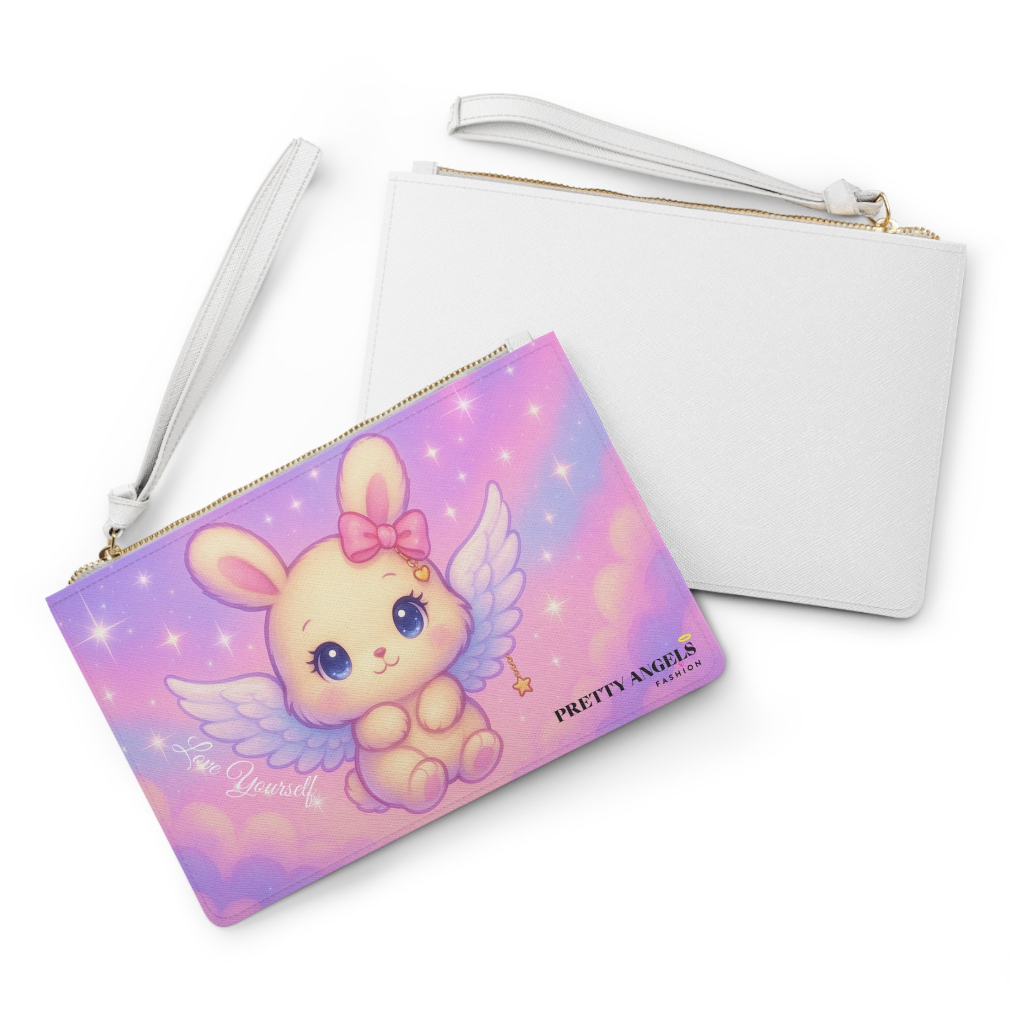 Luxury Angel Bunny Clutch Purse - Cute Polyurethane Leather Handbag with Gold Zipper, Floating Bunny with Wings & Pink Bow