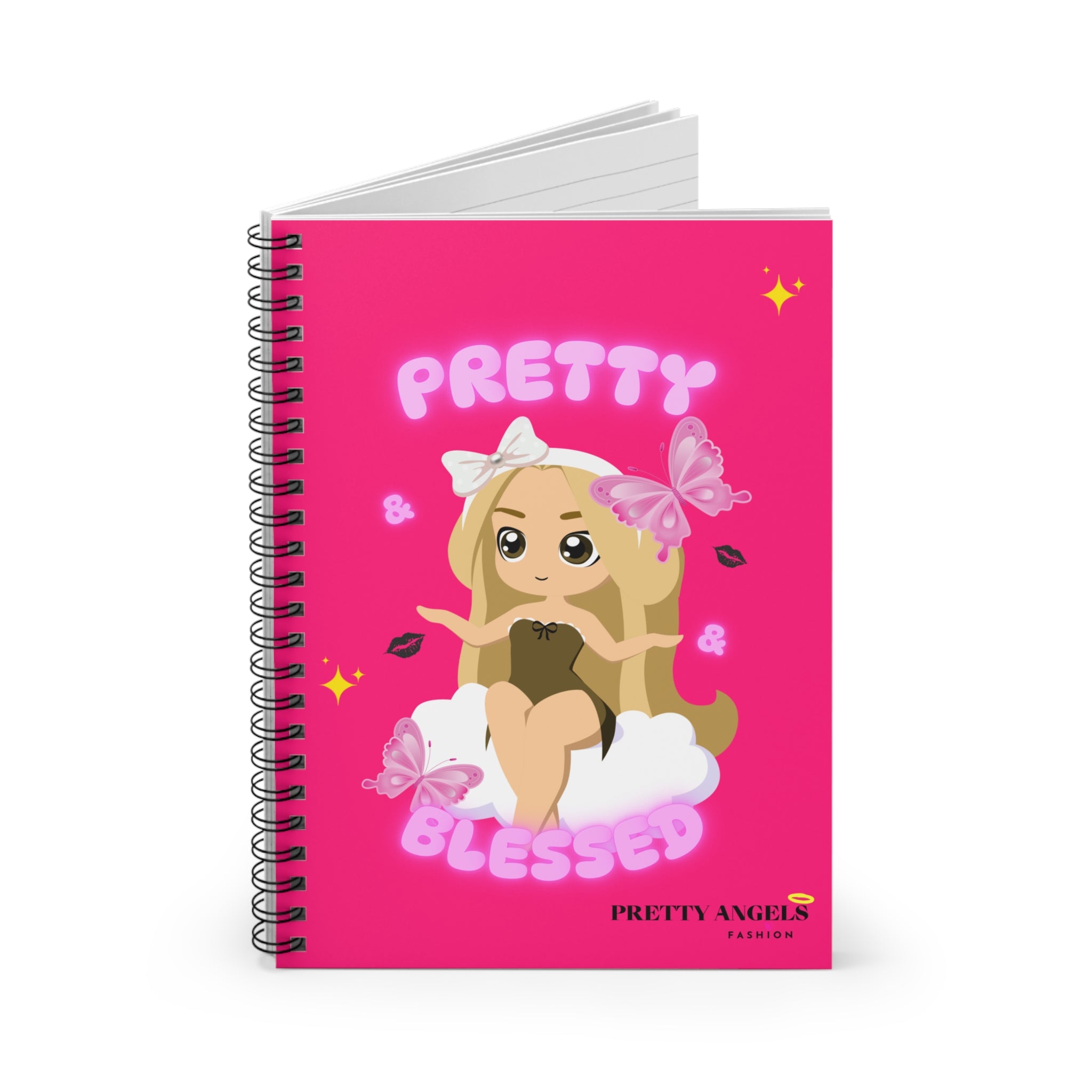 “Hot Pink Kawaii Notebook – Pretty & Blessed Blonde Doll Journal with Clouds, Butterflies & Kiss Prints | Lisa Frank Inspired Aesthetic Spiral Notebook (6x8, 118 Pages)”