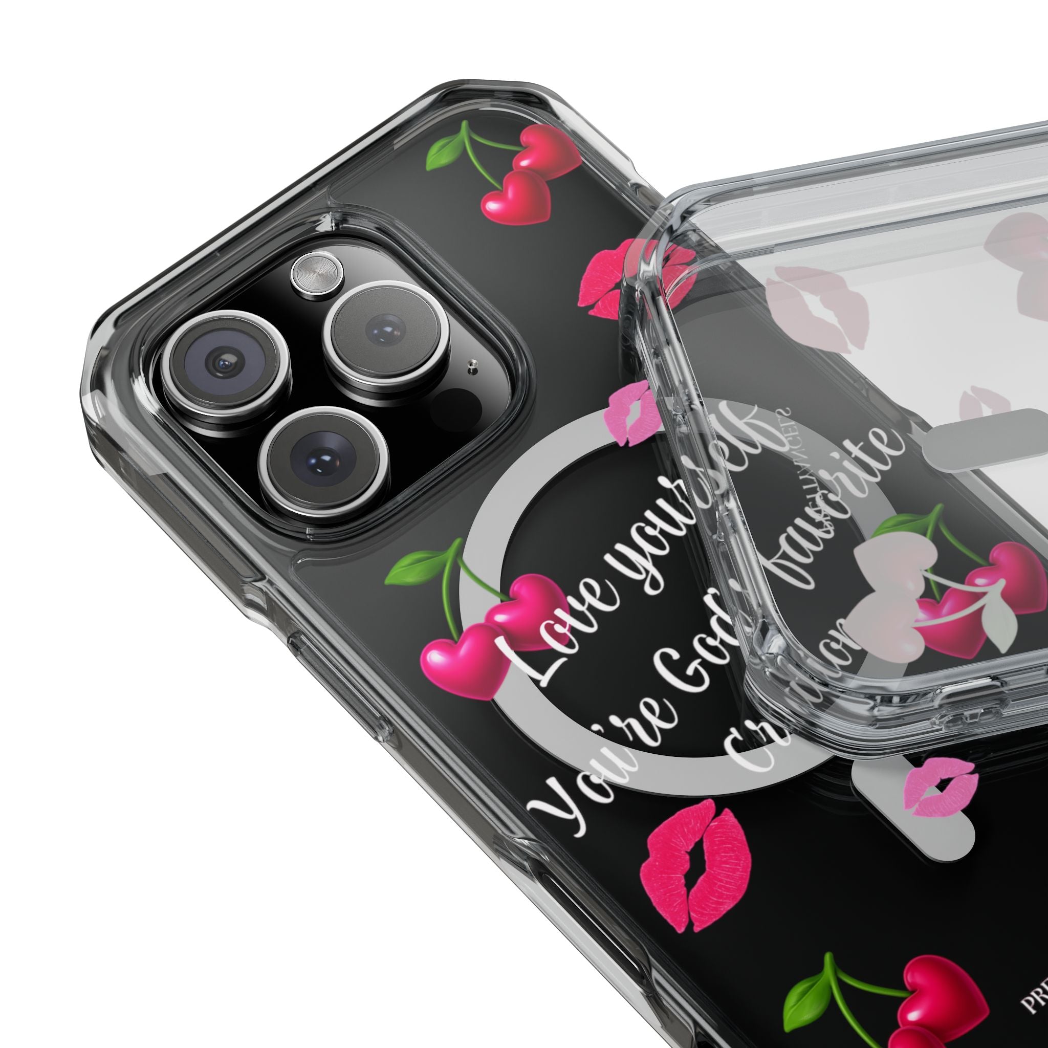 Luxury Clear MagSafe iPhone Case – “Love Yourself” Pink Cherry & Kiss Print | Cute Girly Baddie Aesthetic Protective Cover