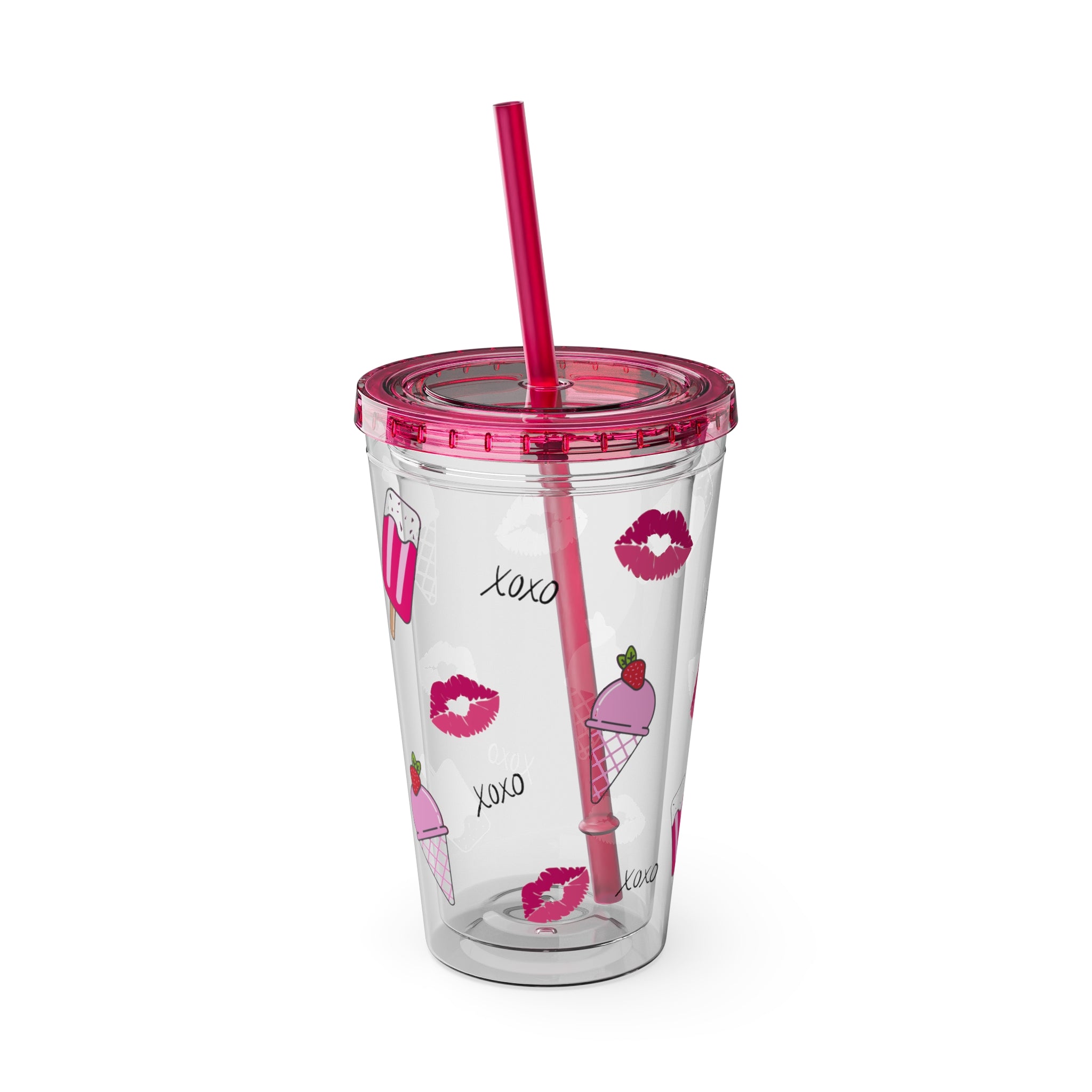 Barbie Girl Summer Tumbler - 16oz Pink Acrylic Cup with Ice Cream, Pink Popsicles, XOXO & Kisses - Cute Clear Tumbler for Iced Coffee & Rich Girl Aesthetics, Girly Beach Days Tumbler