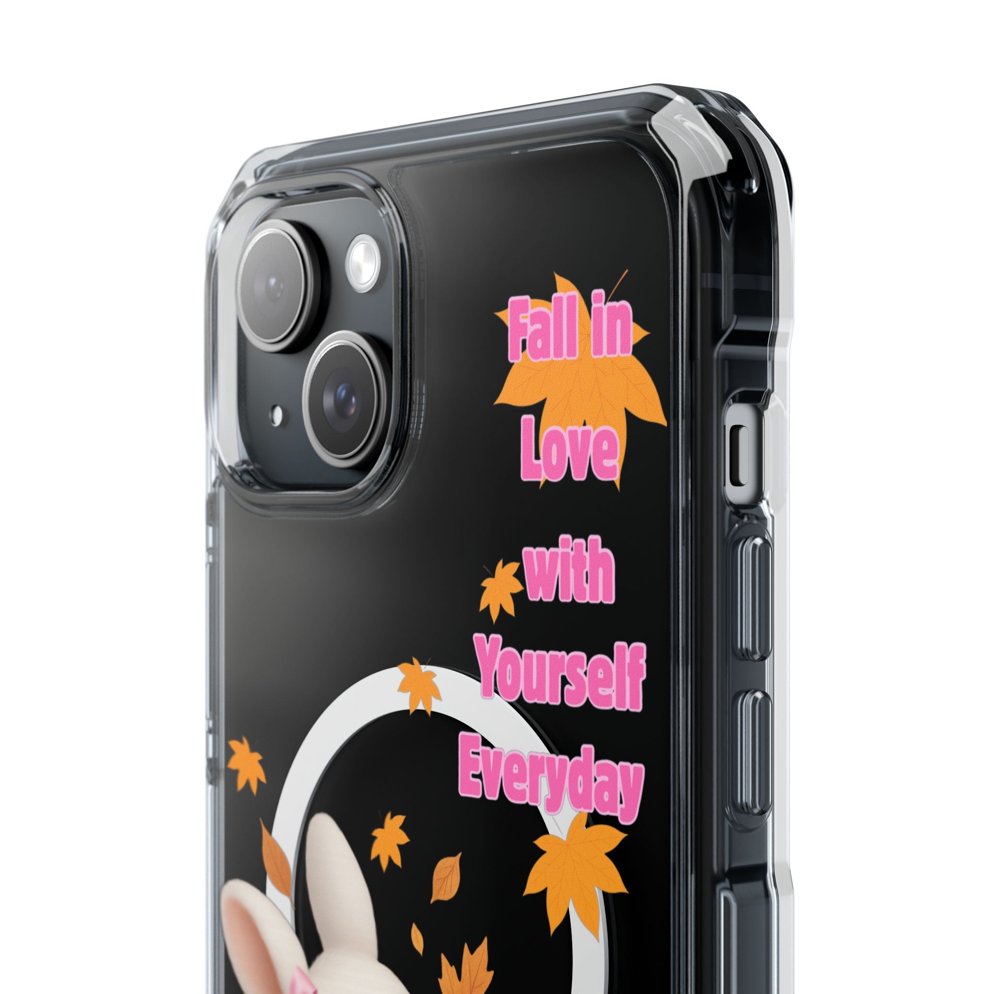 Fall in Love with Yourself Everyday – Cute White Bunny MagSafe iPhone Case with Hearts & Autumn Leaves, Luxury Aesthetic Clear Phone Cover
