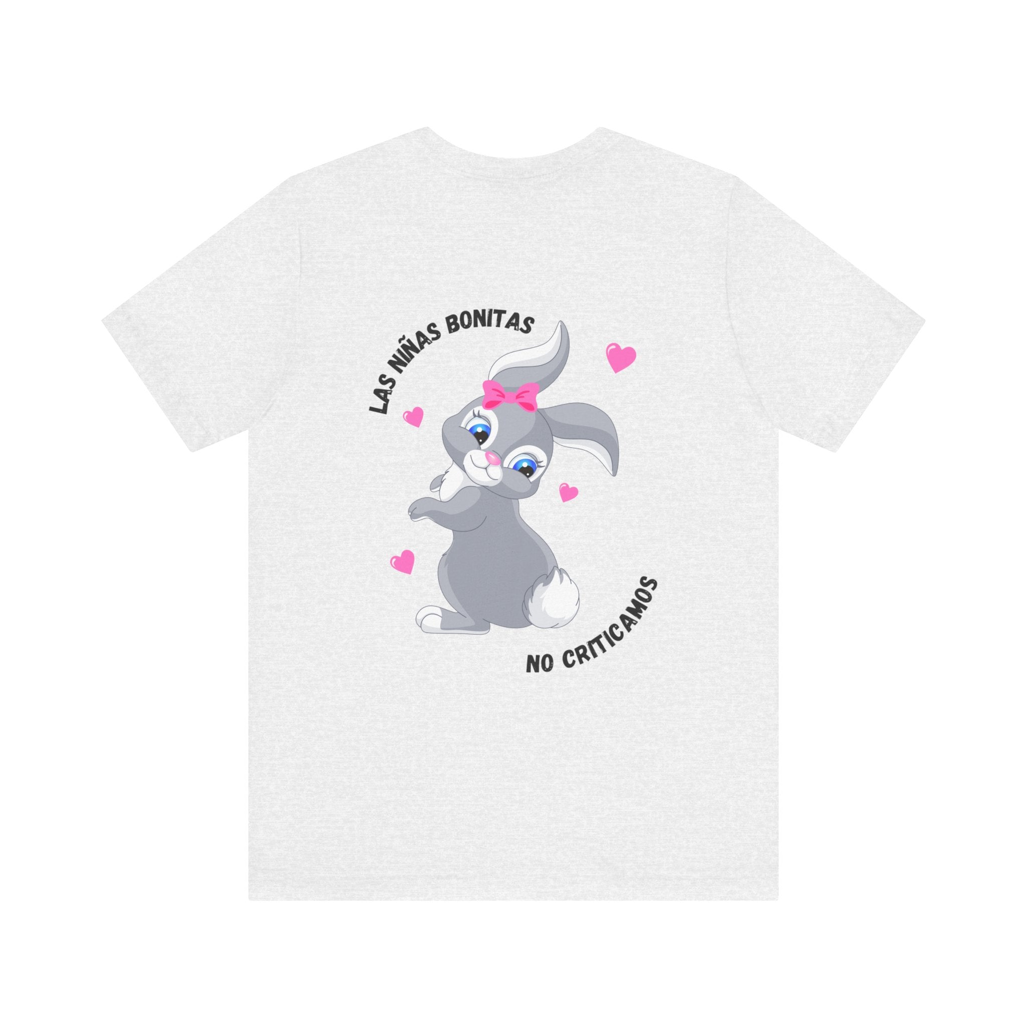 Las Niñas Bonitas No Criticamos (Back) Tee - White & Grey Baddie Shirt with Cute Bunny & Pink Heart Graphic | Latina Soft Girl Aesthetic T-Shirt | Off-Duty Doll Tee