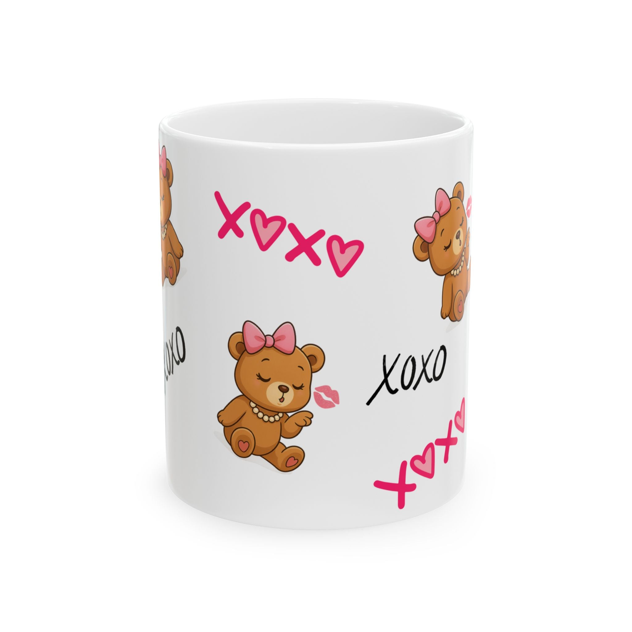 XOXO Teddy Kiss™ Pink Aesthetic Mug – Cute Brown Teddy Bear with Bow & Pearls | Girly Luxury Coffee Mug (11oz & 15oz)
