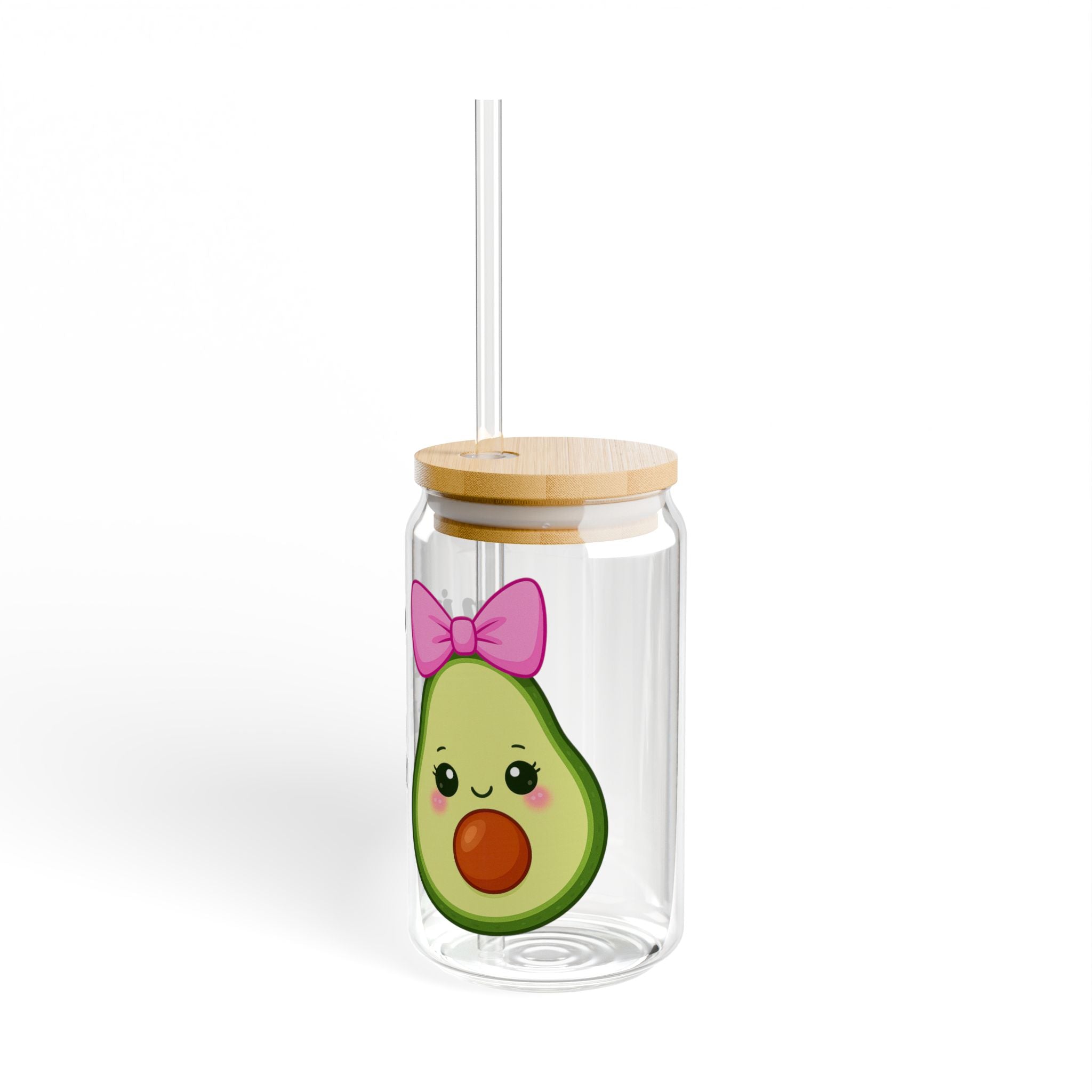 Pretty Healthy Blessed Girl 16oz Clear Sipper Glass with Bamboo Lid & Tritan Straw – Cute Avocado with Pink Bow | Aesthetic Girly Cup, BPA-Free