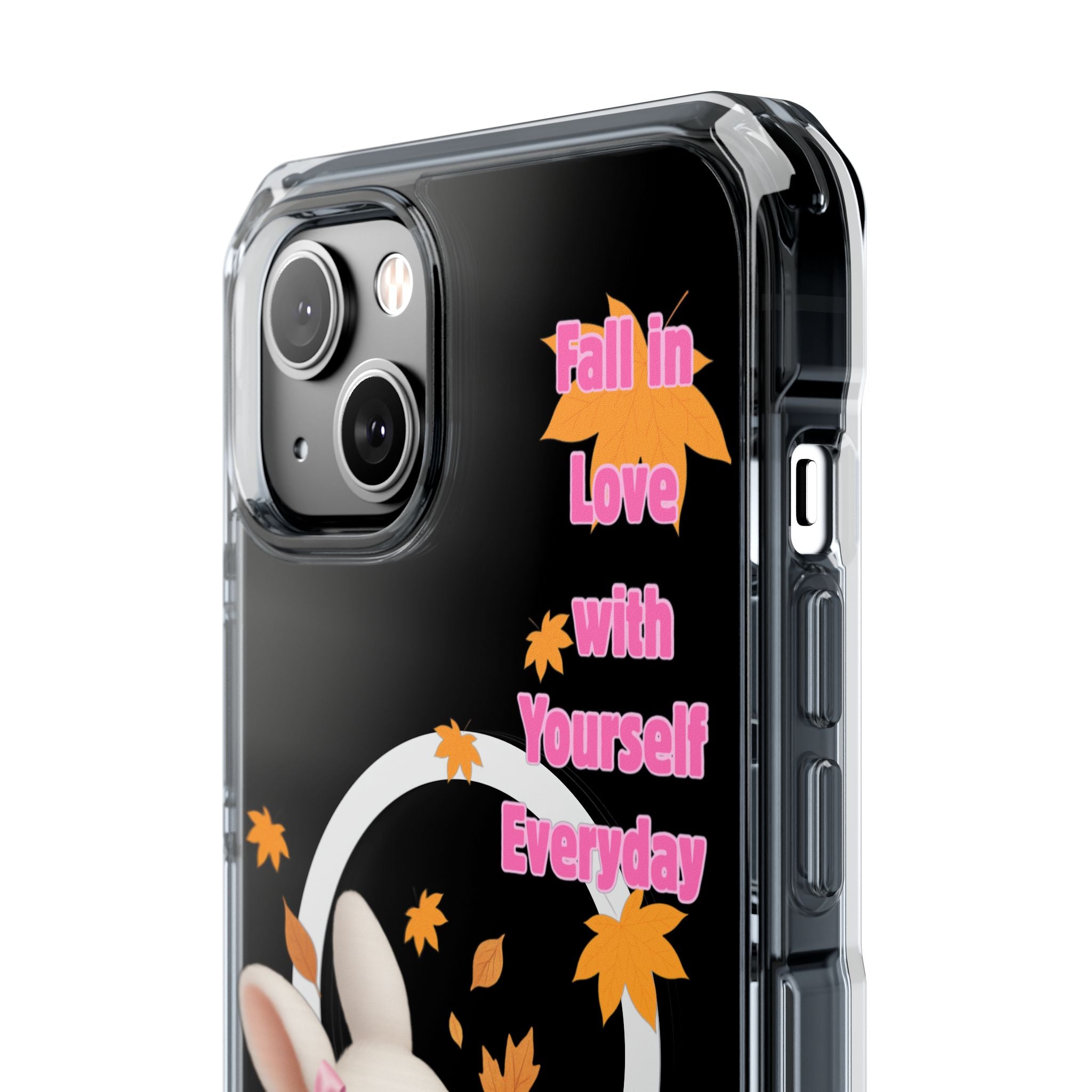 Fall in Love with Yourself Everyday – Cute White Bunny MagSafe iPhone Case with Hearts & Autumn Leaves, Luxury Aesthetic Clear Phone Cover