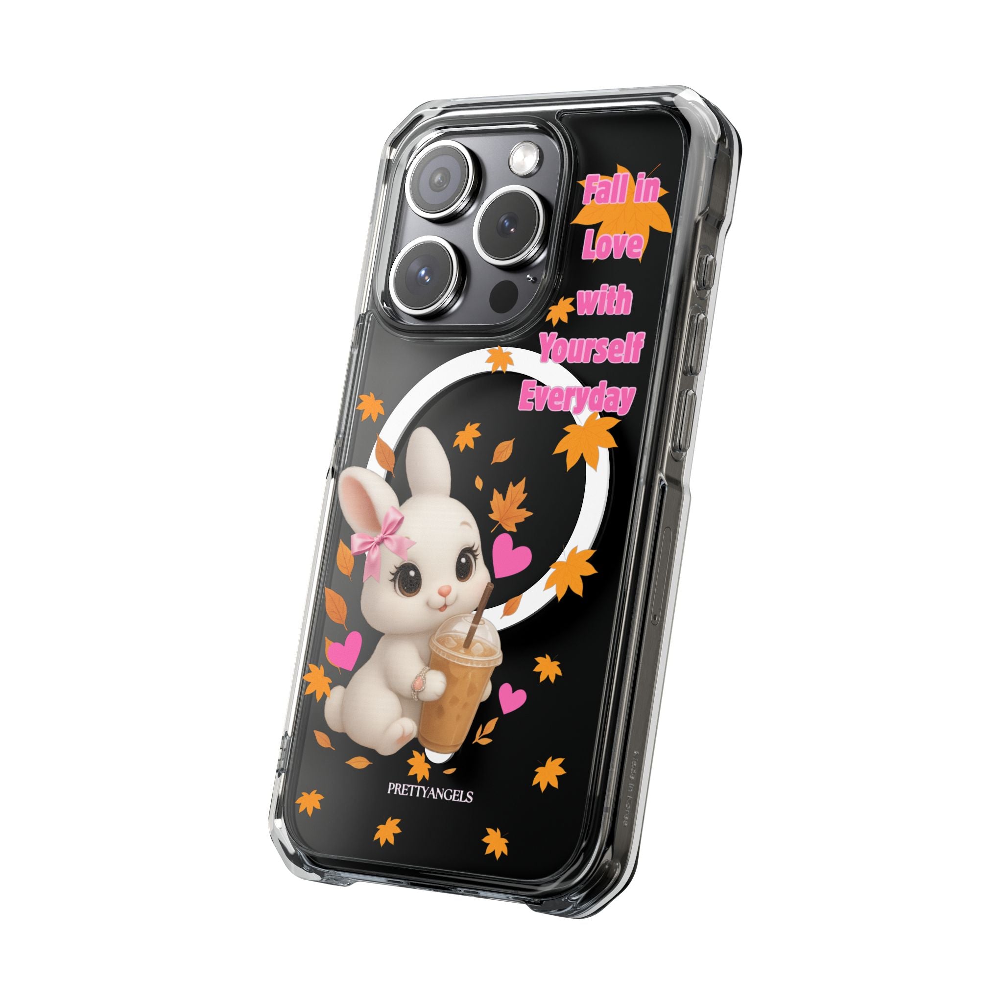 Fall in Love with Yourself Everyday – Cute White Bunny MagSafe iPhone Case with Hearts & Autumn Leaves, Luxury Aesthetic Clear Phone Cover