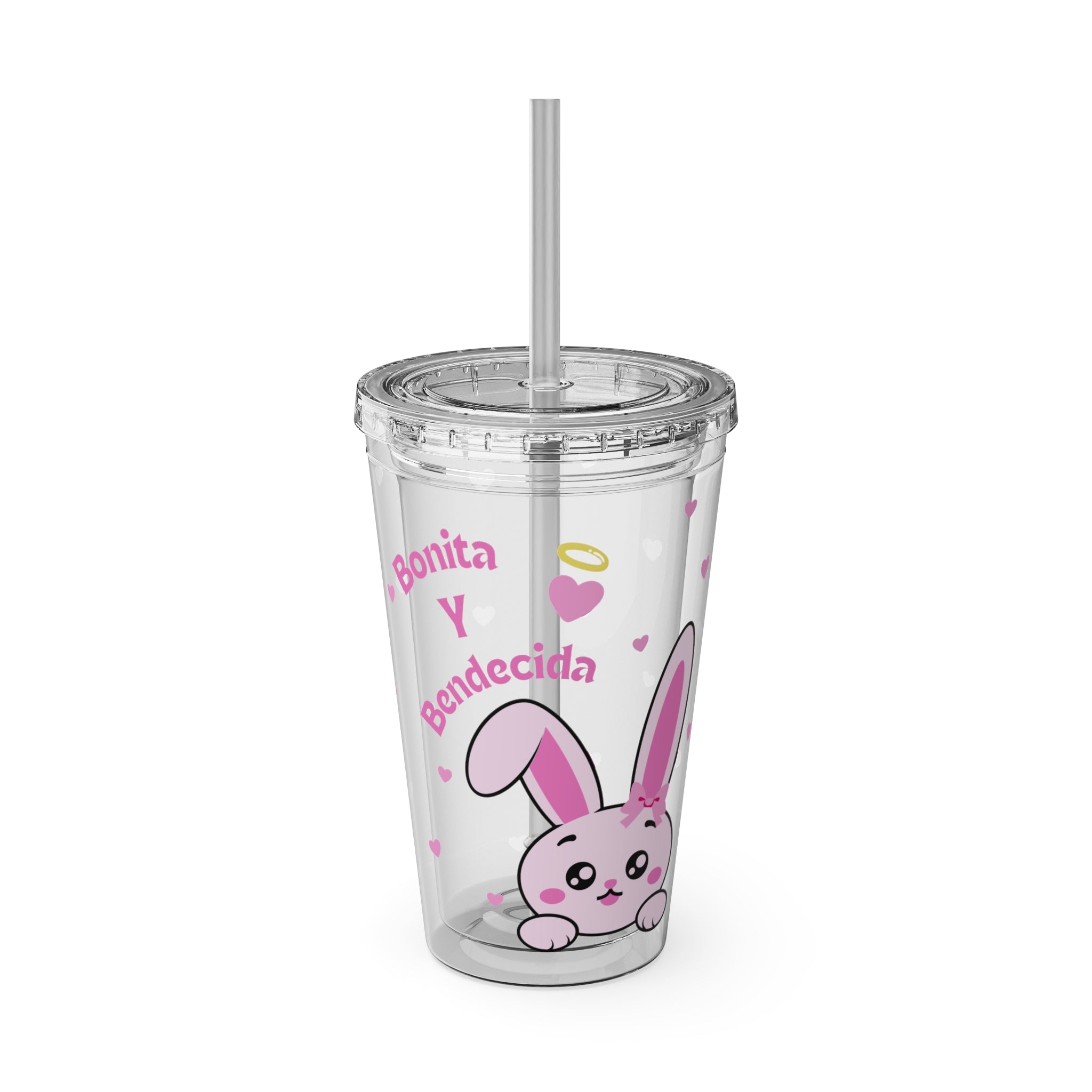 Bonita y Bendecida Tumbler - 16oz Clear Acrylic Cup with Pink Bunny Bow & Heart Patterns | Girly Faith Cup for Confident Latina Baddies