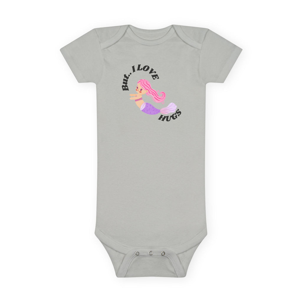 “Cute Baby Girl Mermaid Onesie – ‘But… I LOVE HUGS’ | Gerber® Organic Bodysuit – Perfect Baby Shower Gift for Girl Moms”