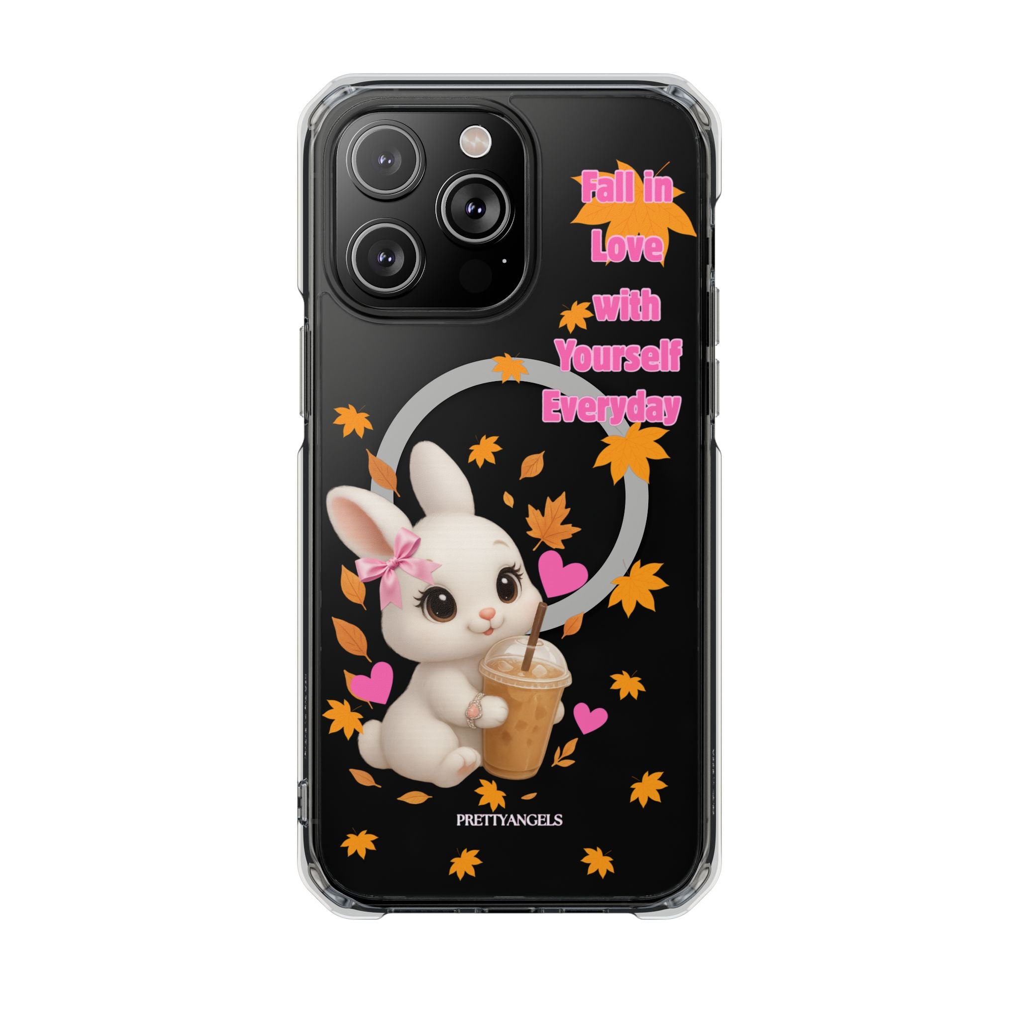 Fall in Love with Yourself Everyday – Cute White Bunny MagSafe iPhone Case with Hearts & Autumn Leaves, Luxury Aesthetic Clear Phone Cover