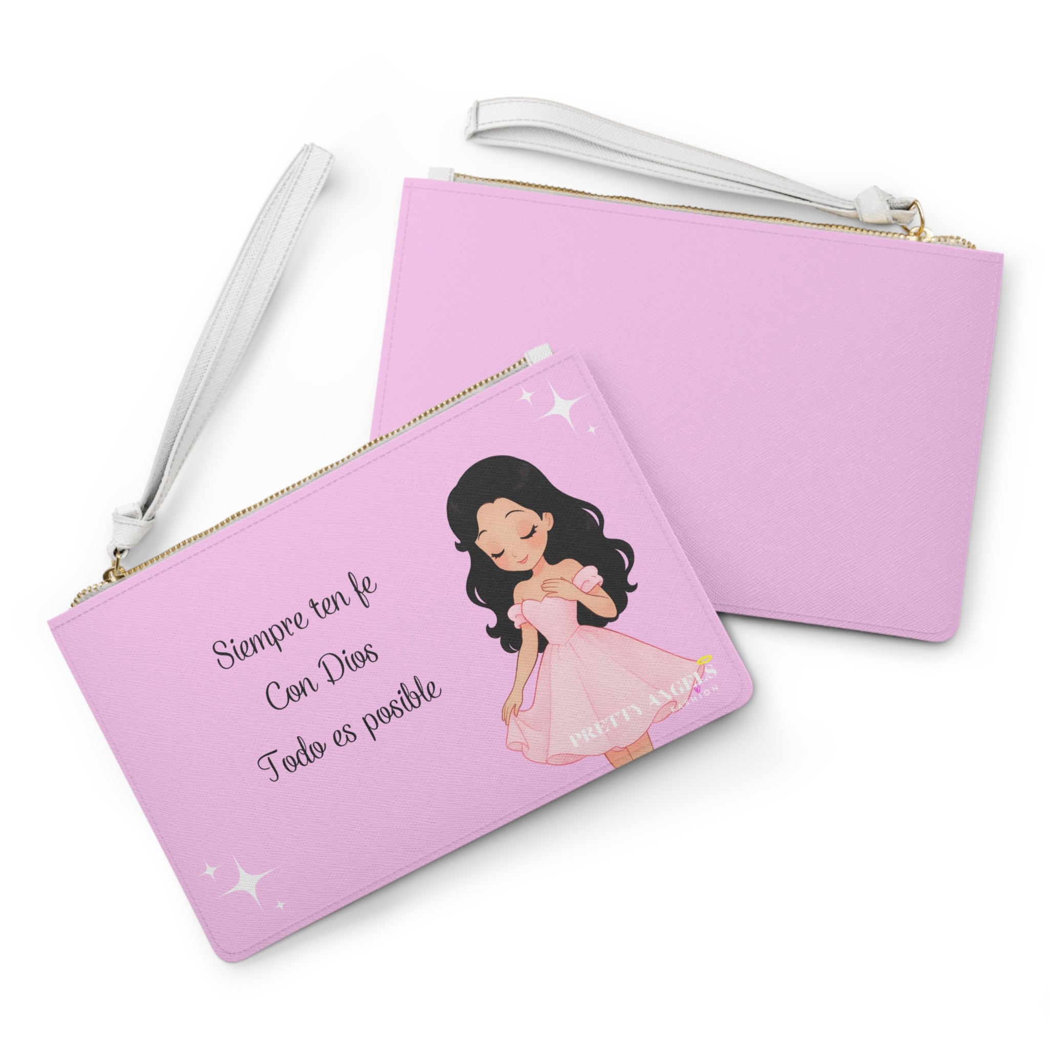 Luxury Light Pink Travel Bag – “Siempre Ten Fe Con Dios Todo Es Posible” with Sparkles & Cute Doll Design (Polyurethane Leather, 9.5” x 6.6”)