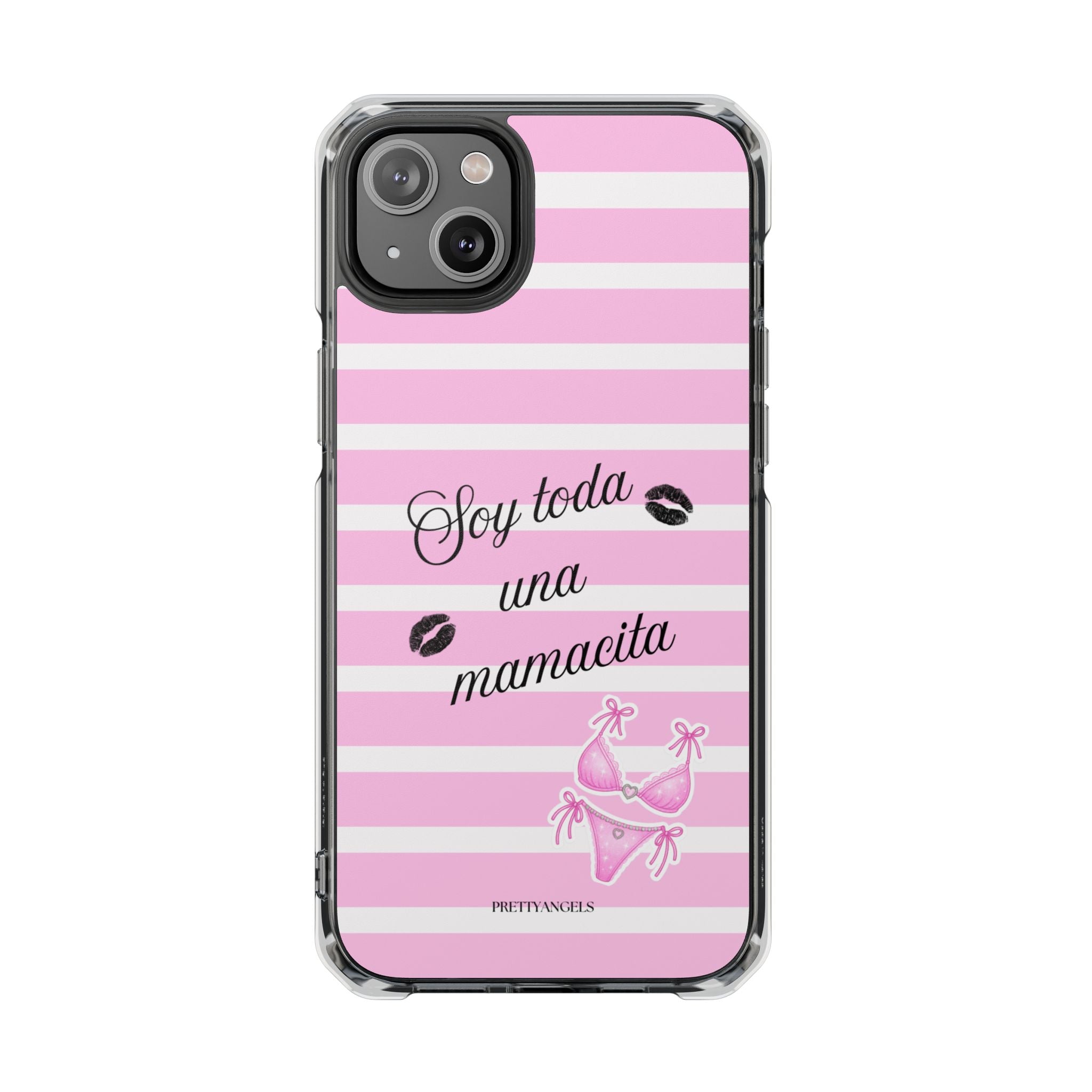 “Soy Toda Una Mamacita” MagSafe Clear Phone Case - Pink & White Striped | Latina Baddie Magnetic Impact Cover