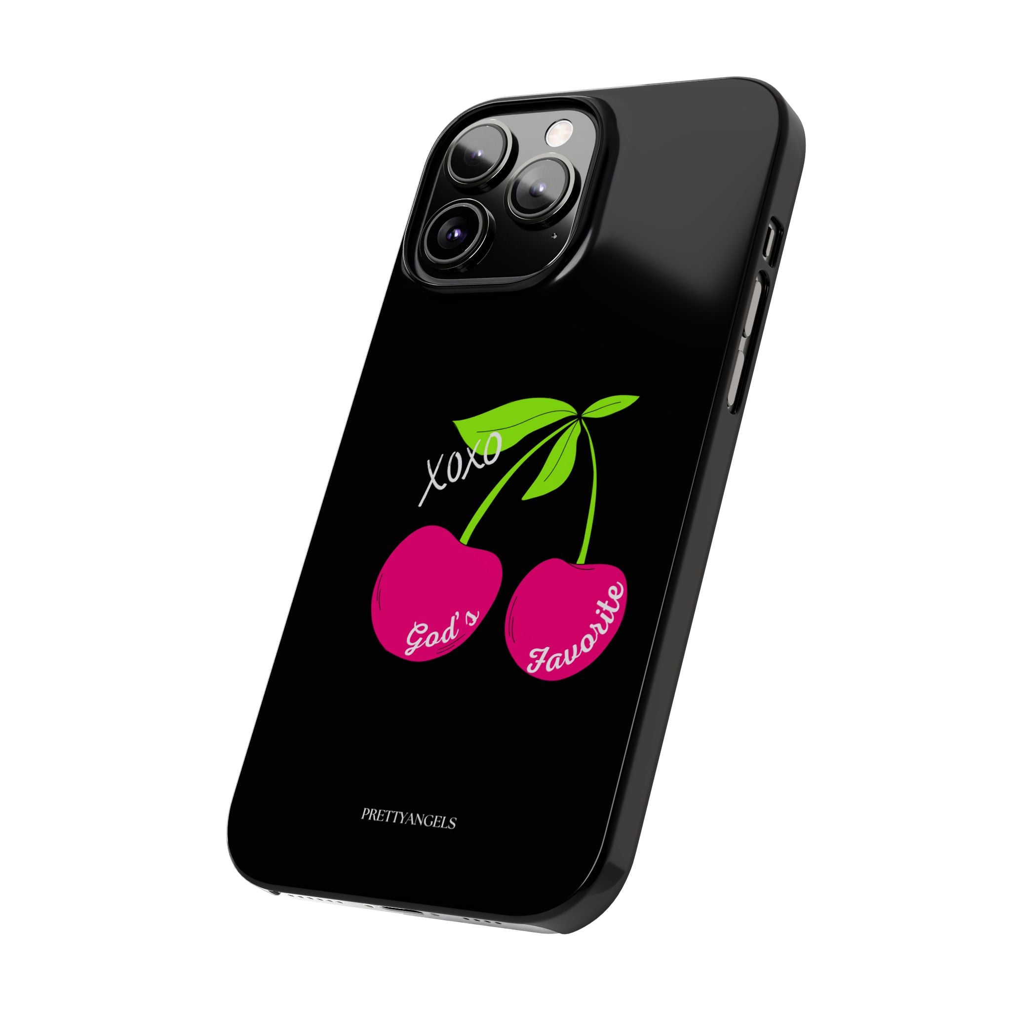 “God’s Favorite Black Slim Phone Case - Lightweight Protective Cover with Hot Pink Cherries for Rich Blessed Baddies”