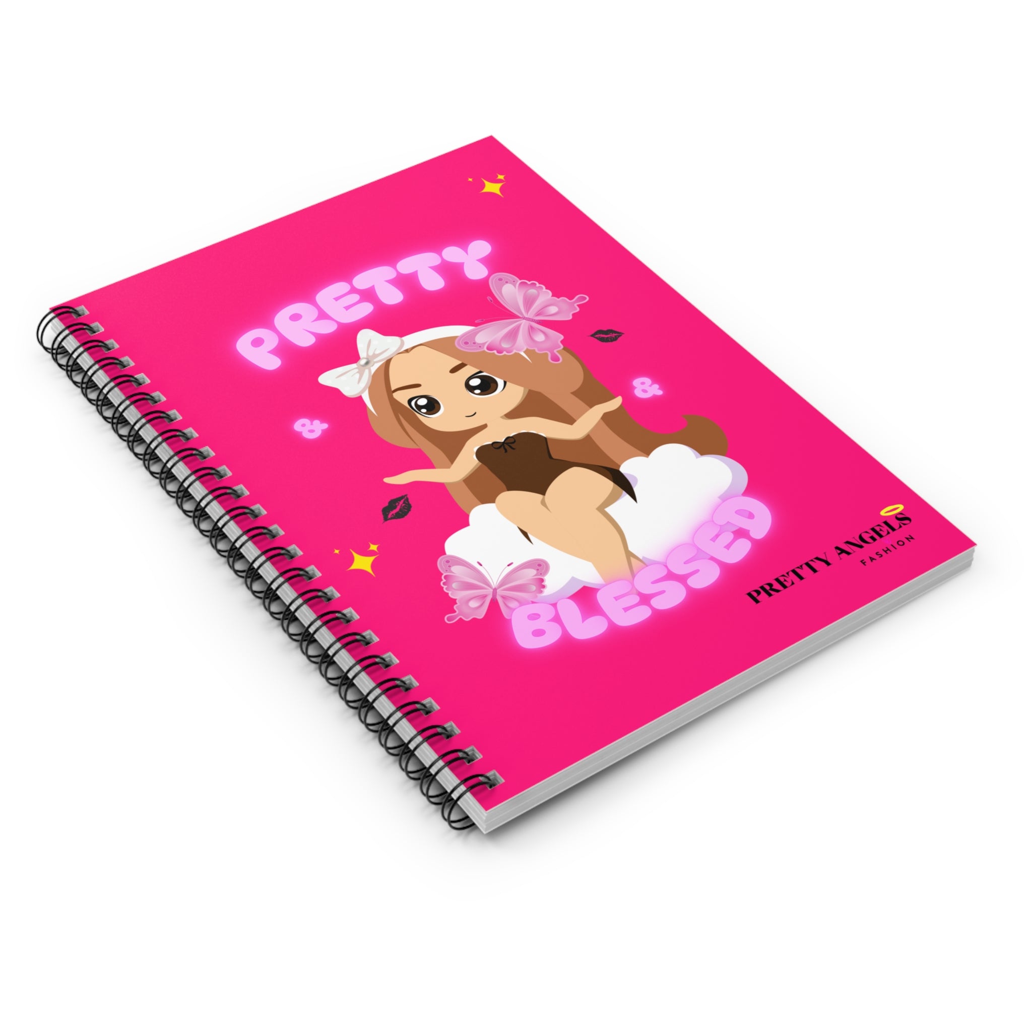“Hot Pink Kawaii Notebook – Pretty & Blessed Auburn Brown Hair Doll Journal with Clouds, Butterflies & Kiss Prints | Classy Rich Girl Spiral Notebook (6x8, 118 Pages)”