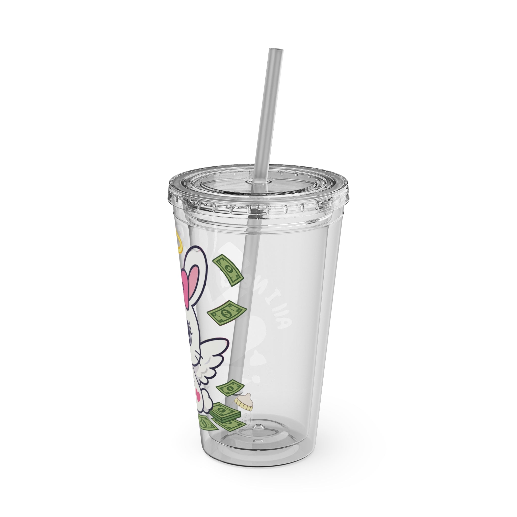 “All I Need” 16oz Acrylic Tumbler - Clear Cup with Pink Angel Bunny, Baby Bottles & Money | Cute Girly Cup for Soft Spoiled Baddies