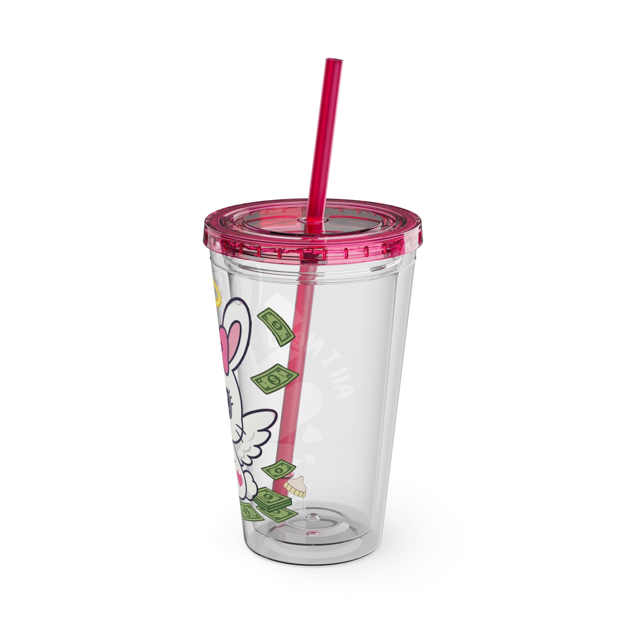 “All I Need” 16oz Acrylic Tumbler - Clear Cup with Pink Angel Bunny, Baby Bottles & Money | Cute Girly Cup for Soft Spoiled Baddies