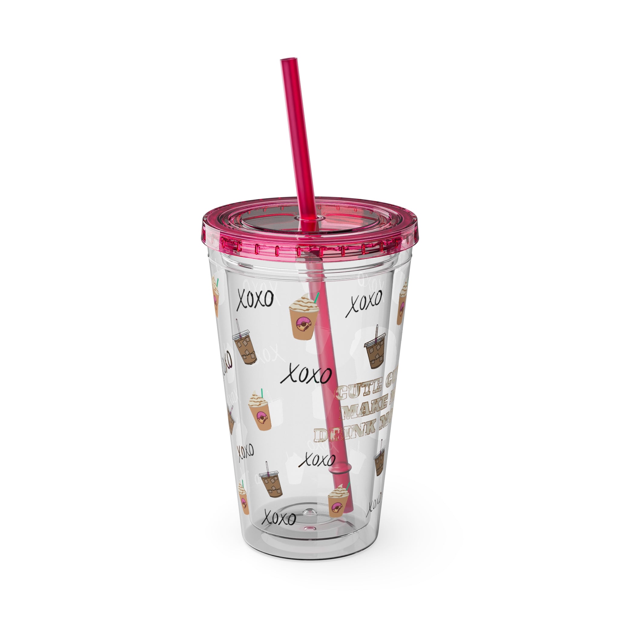 “Cute Cups Make Me Drink More” Clear Acrylic Coffee Tumbler - 16oz with Pink Donut, Caramel Frappe & XOXO Patterns | Aesthetic Iced Coffee Cup for Girly Baddies | Starbucks aesthetic coffee cup