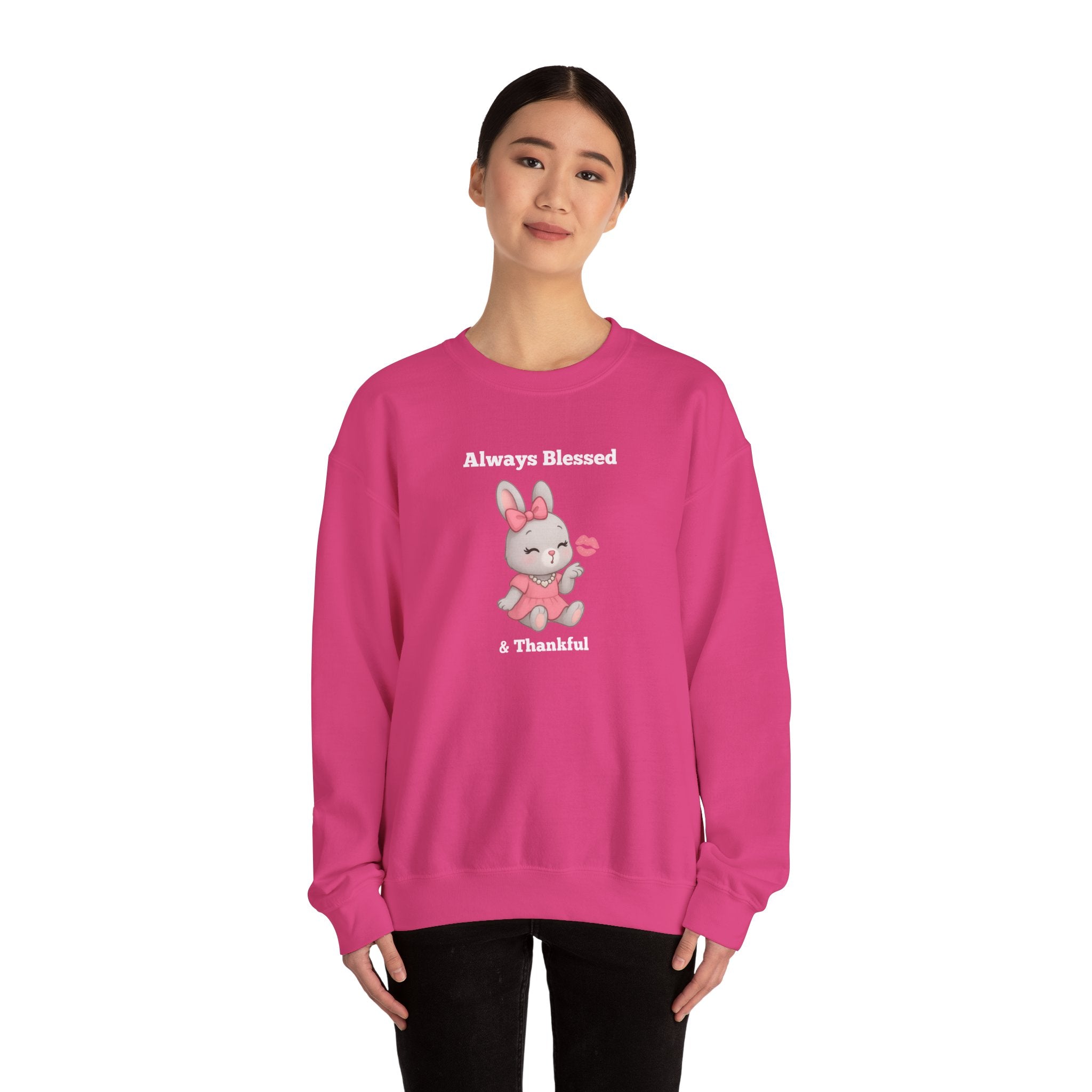 Always Blessed & Thankful™ Bunny Kiss Sweatshirt – Luxe Unisex Cozy Graphic Sweater for Pretty Girls (Black, Maroon, Light Blue, Heliconia, Red)