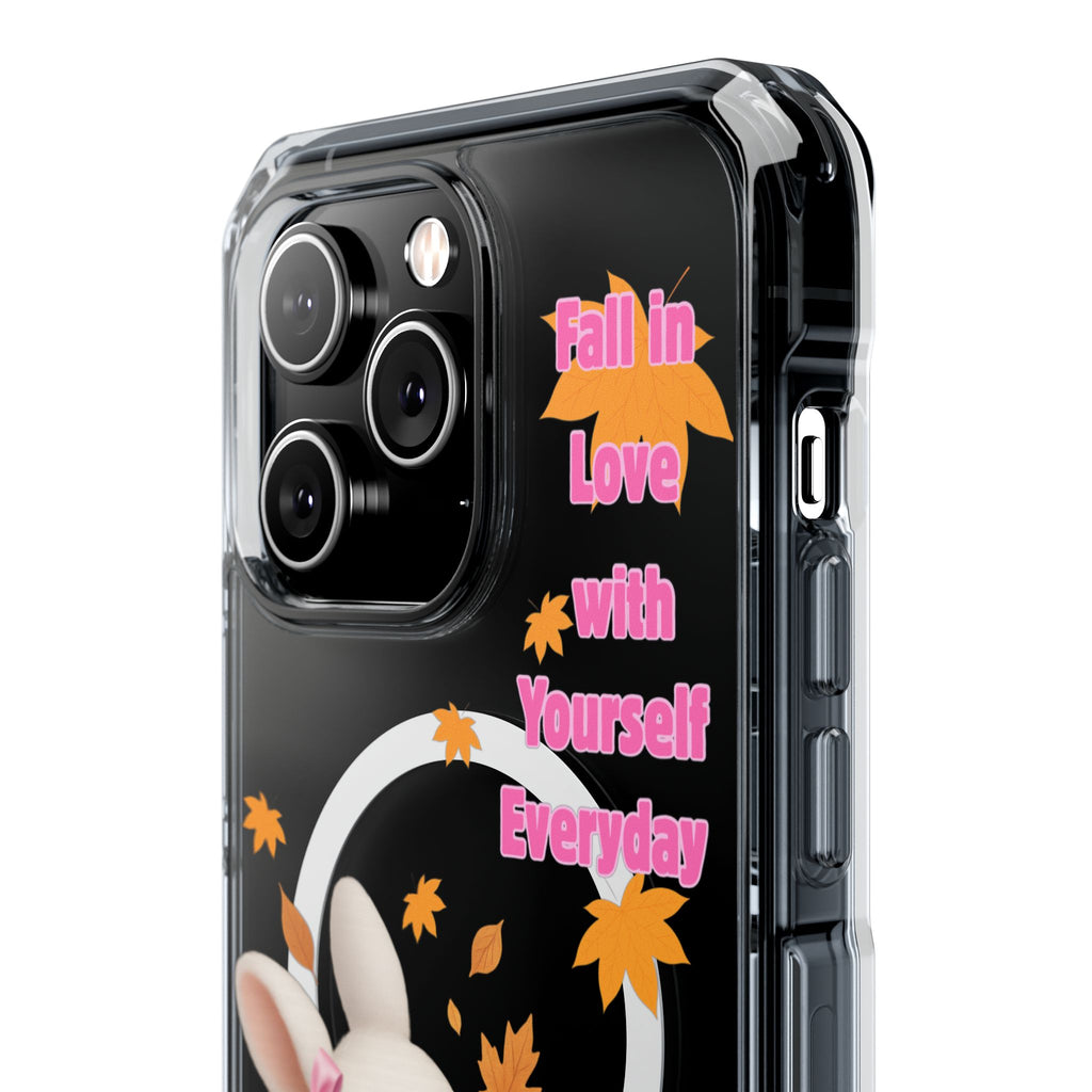 Fall in Love with Yourself Everyday – Cute White Bunny MagSafe iPhone Case with Hearts & Autumn Leaves, Luxury Aesthetic Clear Phone Cover