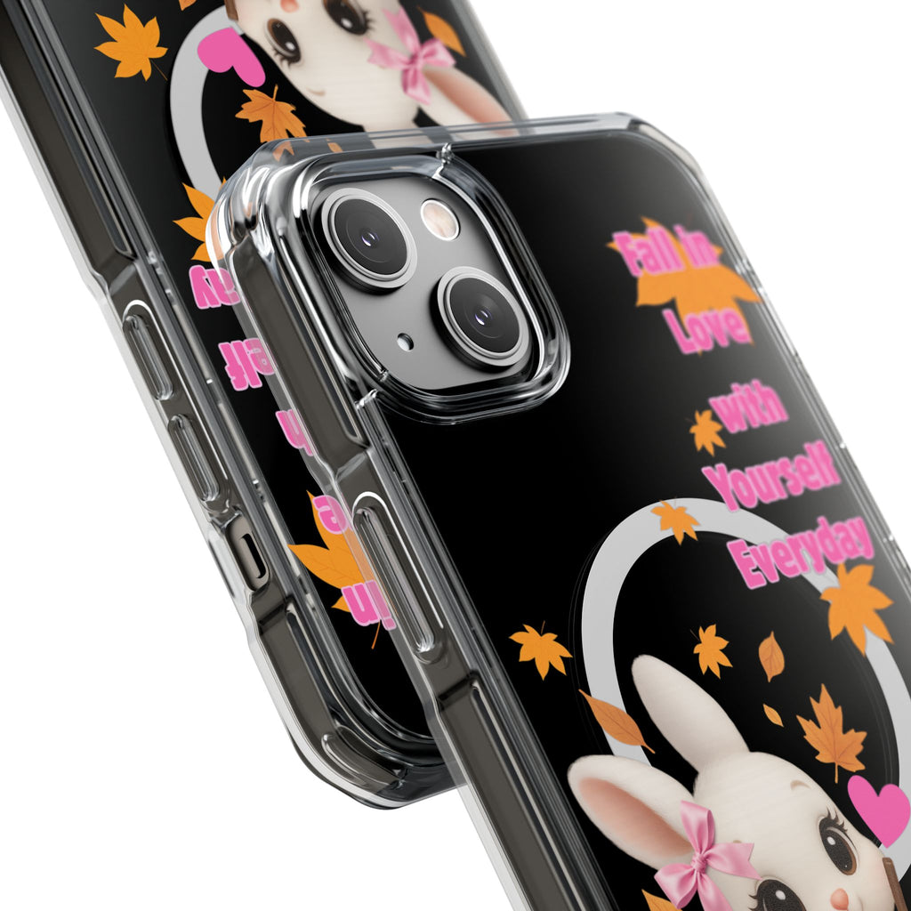 Fall in Love with Yourself Everyday – Cute White Bunny MagSafe iPhone Case with Hearts & Autumn Leaves, Luxury Aesthetic Clear Phone Cover