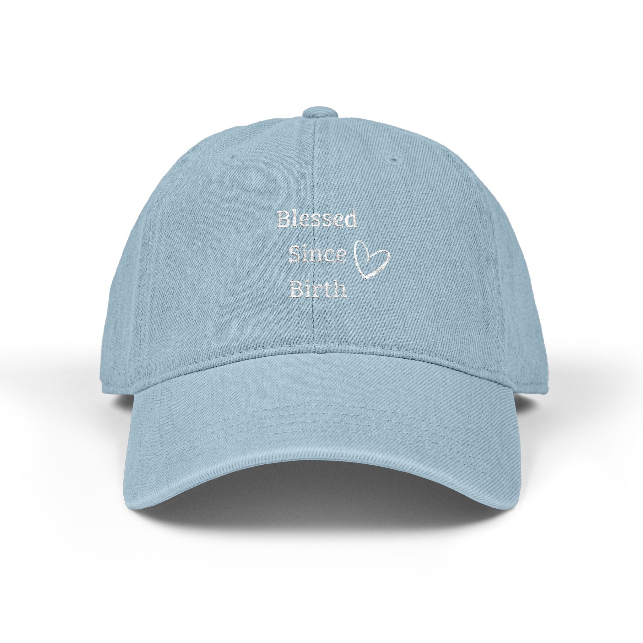 Blessed Since Birth Denim Hat – Cute Aesthetic Vintage Low-Profile Adjustable Cap with White Heart | Girly Barbie Rich-Girl Hat | Soft Washed Denim Dad Cap (55–64 cm)