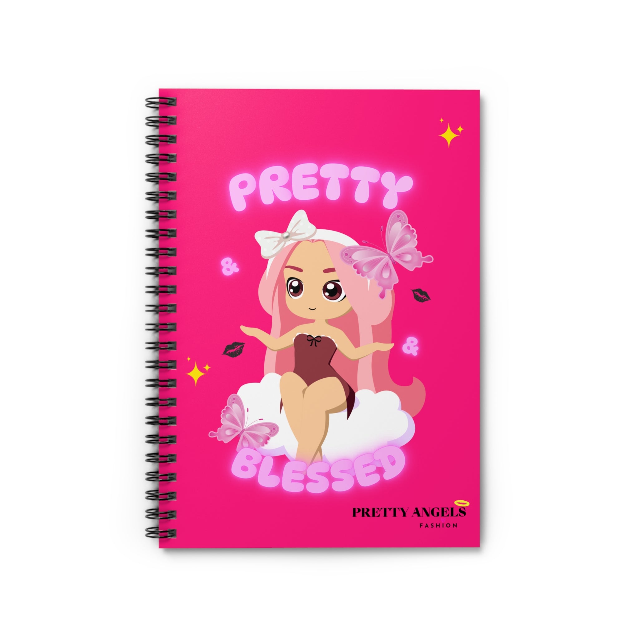 “Hot Pink Kawaii Notebook – Pretty & Blessed Pink Hair Doll Journal with Clouds, Butterflies & Kiss Prints | Karol G Inspired Aesthetic Spiral Notebook (6x8, 118 Pages)”