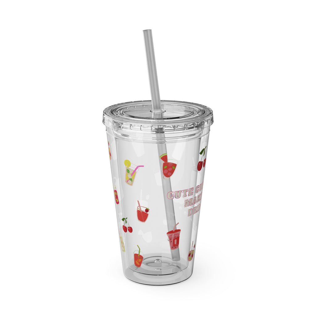 Clear “Cute Cups Make Me Drink More Water” Tumbler - 16oz Acrylic Cup with Lid & Straw | Aesthetic Lemonade, Cherry & Water Drink Patterns for Pretty Girls | Soft Girl Tumbler