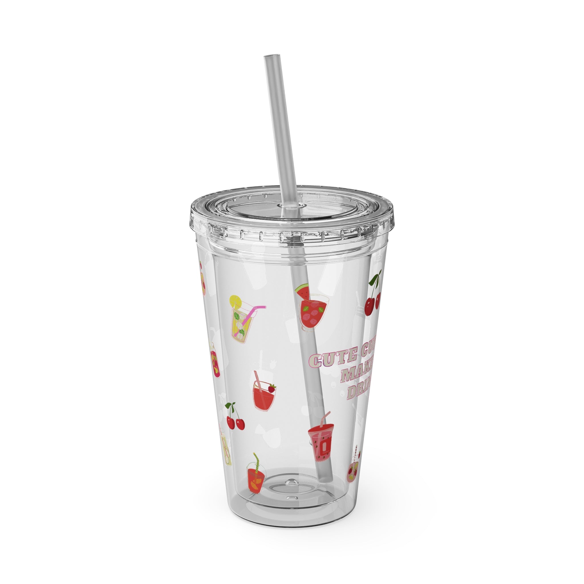 Clear “Cute Cups Make Me Drink More Water” Tumbler - 16oz Acrylic Cup with Lid & Straw | Aesthetic Lemonade, Cherry & Water Drink Patterns for Pretty Girls | Soft Girl Tumbler