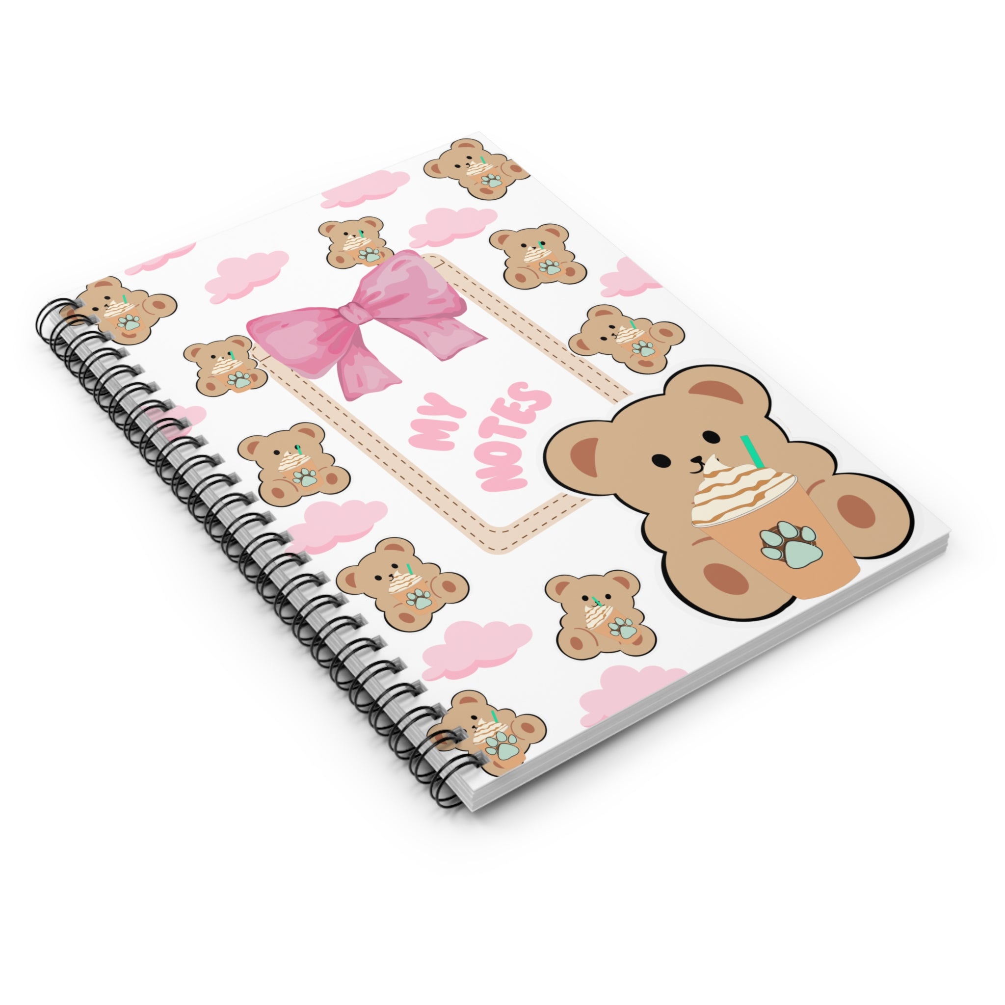 “Teddy Bear Frappe Spiral Notebook – Cute White Aesthetic Journal with Pink Clouds & Bow | Girly Stationery”