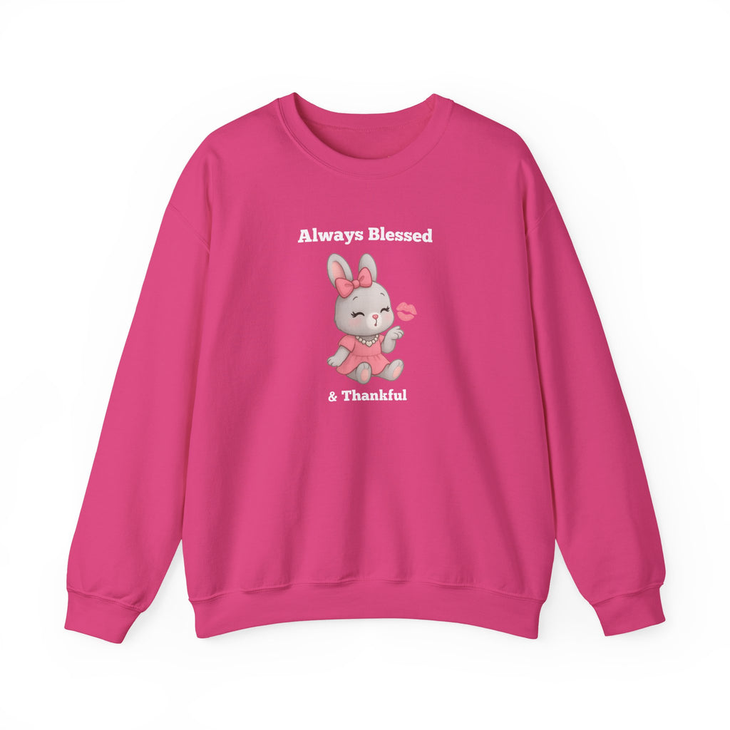 Always Blessed & Thankful™ Bunny Kiss Sweatshirt – Luxe Unisex Cozy Graphic Sweater for Pretty Girls (Black, Maroon, Light Blue, Heliconia, Red)