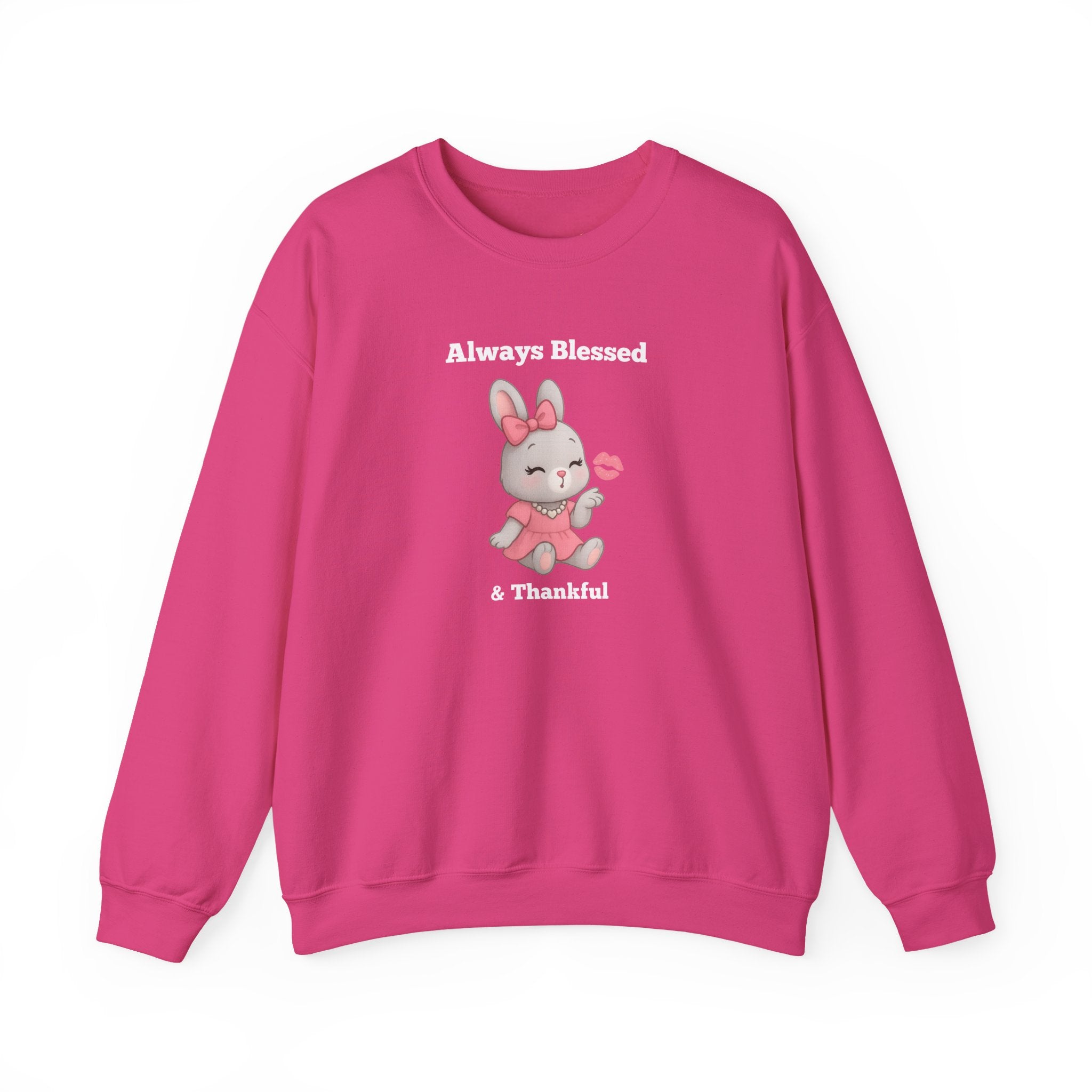 Always Blessed & Thankful™ Bunny Kiss Sweatshirt – Luxe Unisex Cozy Graphic Sweater for Pretty Girls (Black, Maroon, Light Blue, Heliconia, Red)