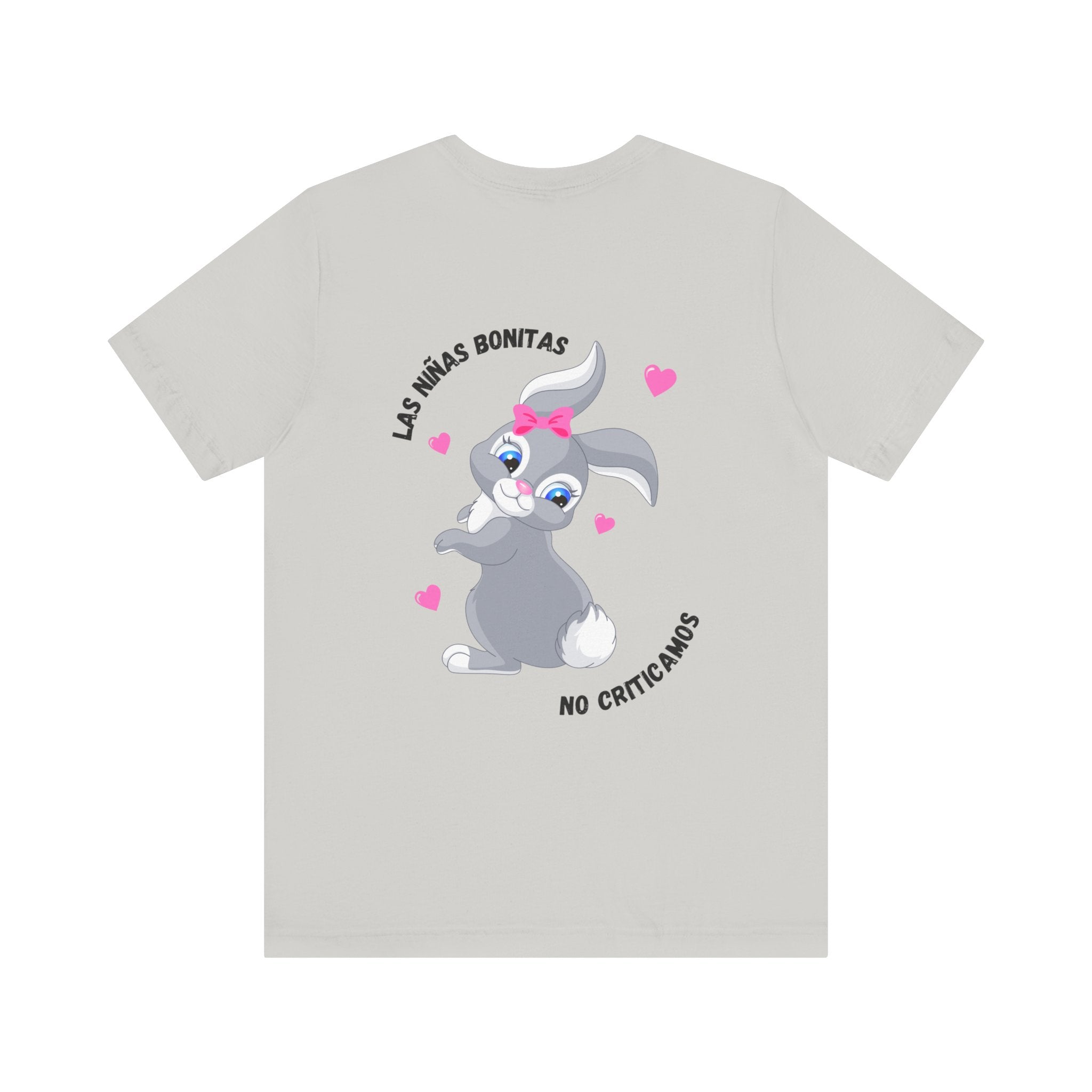 Las Niñas Bonitas No Criticamos (Back) Tee - White & Grey Baddie Shirt with Cute Bunny & Pink Heart Graphic | Latina Soft Girl Aesthetic T-Shirt | Off-Duty Doll Tee