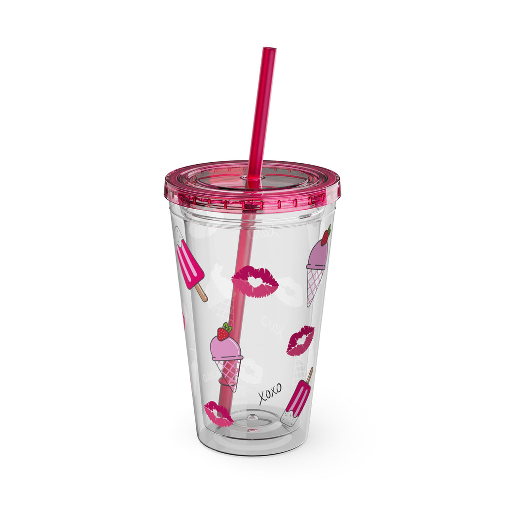 Barbie Girl Summer Tumbler - 16oz Pink Acrylic Cup with Ice Cream, Pink Popsicles, XOXO & Kisses - Cute Clear Tumbler for Iced Coffee & Rich Girl Aesthetics, Girly Beach Days Tumbler