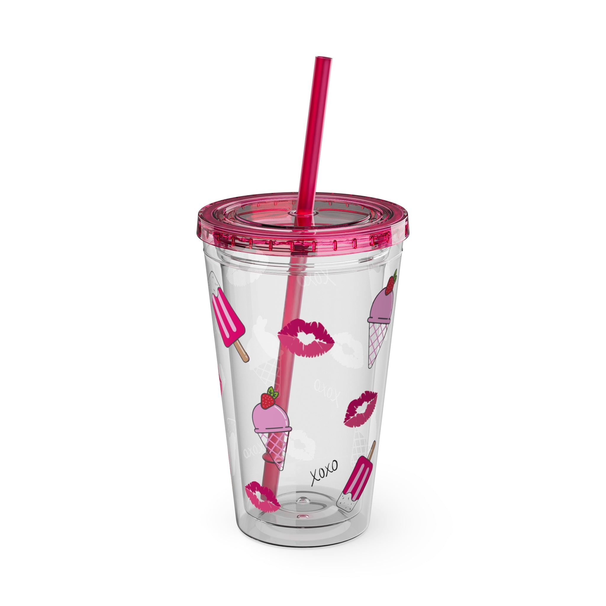 Barbie Girl Summer Tumbler - 16oz Pink Acrylic Cup with Ice Cream, Pink Popsicles, XOXO & Kisses - Cute Clear Tumbler for Iced Coffee & Rich Girl Aesthetics, Girly Beach Days Tumbler