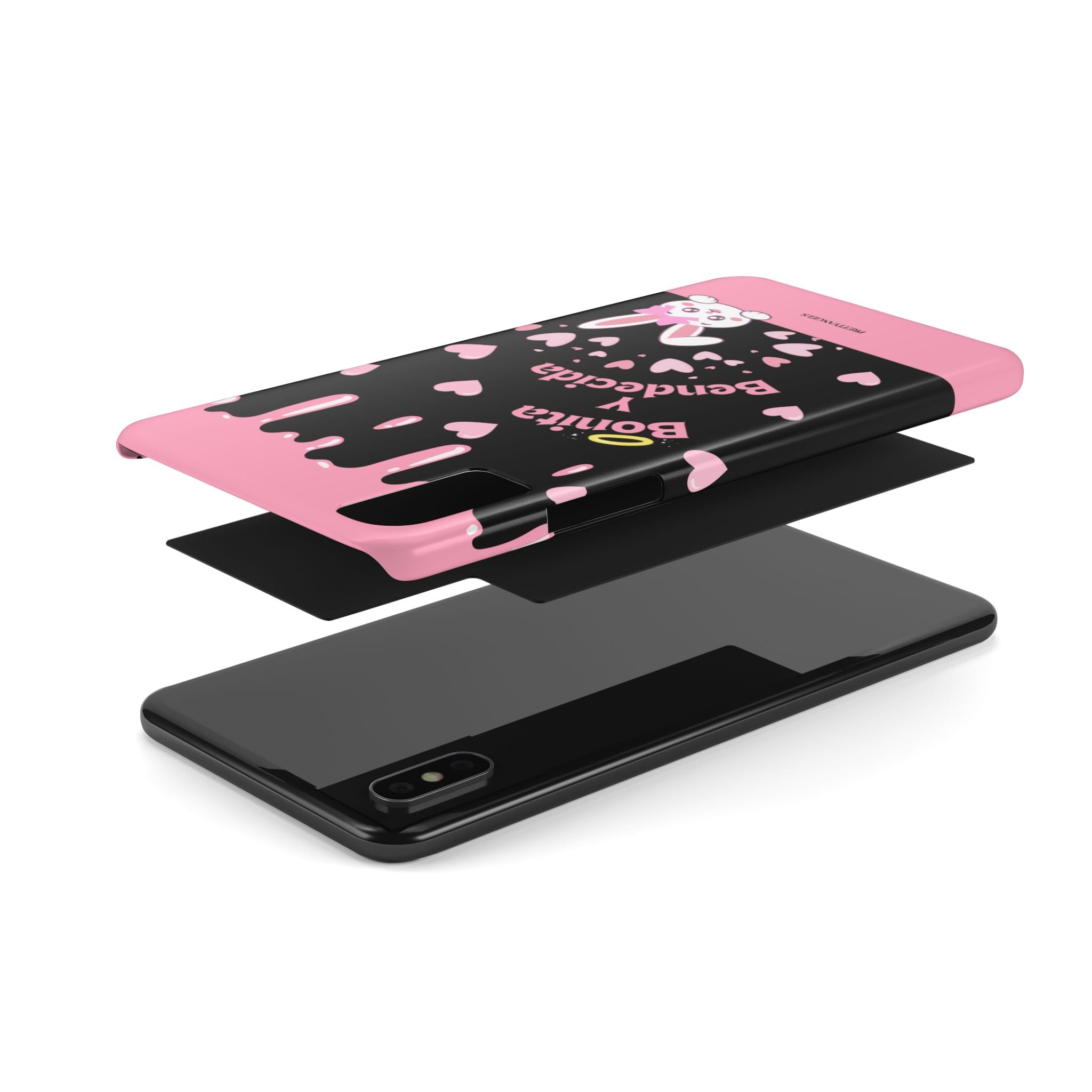 Bonita y Bendecida Phone Case - Black Slim Lightweight Cover with Pink Bunny Bow, Hearts & Drip Aesthetic for Stylish Latina Baddies
