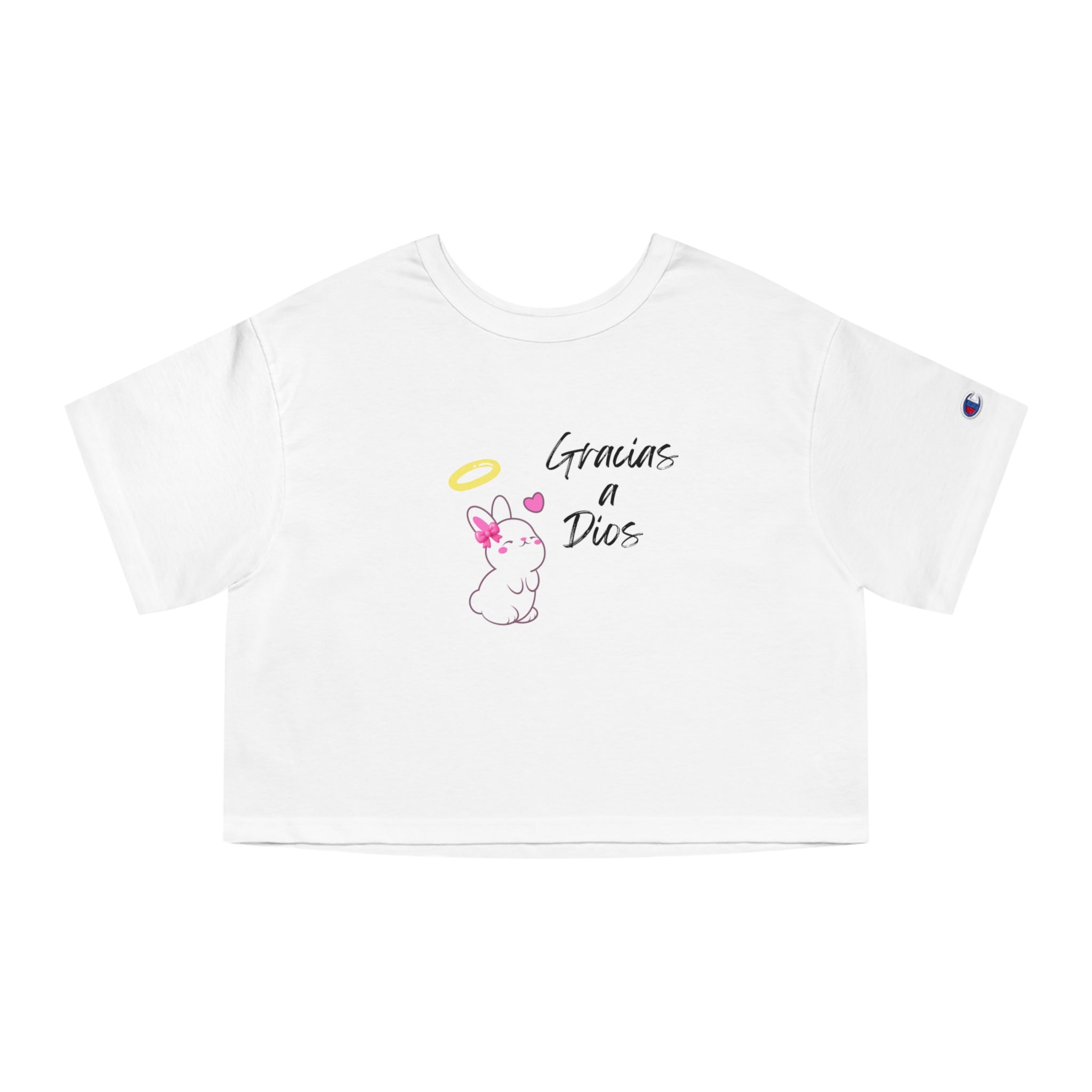 “Gracias a Dios” Champion® Loose Cropped Tee – Faithful Bunny Girl Aesthetic with Ring Light & Pink Bow