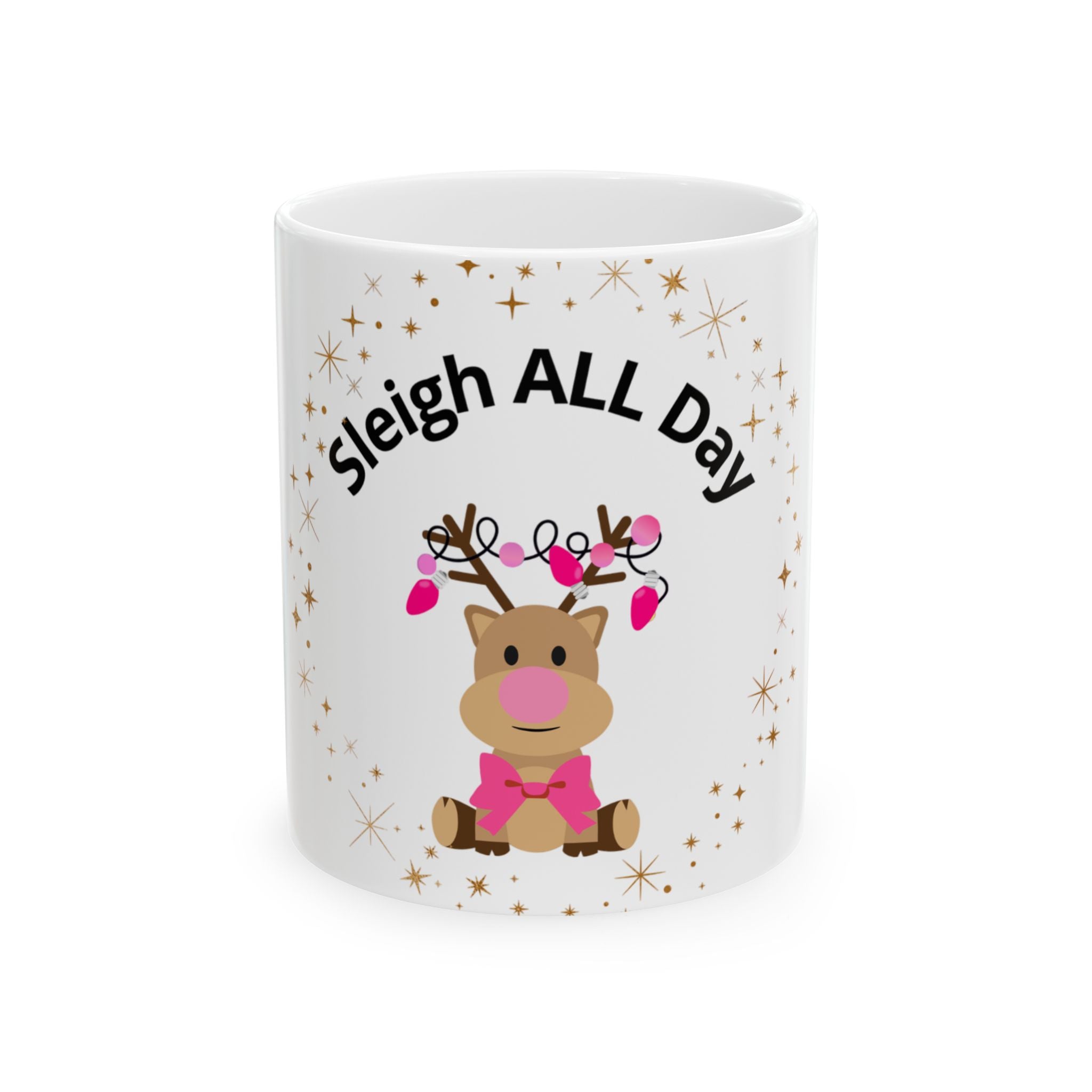 “Sleigh ALL Day” Pink Reindeer Mug - Cute Girly Christmas Mug with Bow, Lights & Pink Nose - Viral Winter Coffee Mug for Baddie Girls, Holiday Gift for Girls, Cute Coffee Cup, Girly Winter Decor, Girly Christmas Present, That Girl Kitchenware