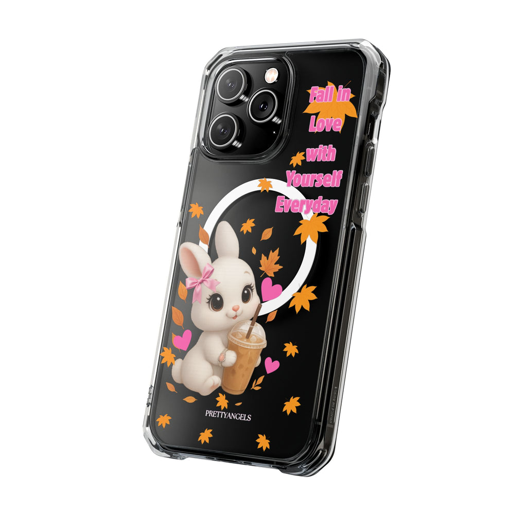Fall in Love with Yourself Everyday – Cute White Bunny MagSafe iPhone Case with Hearts & Autumn Leaves, Luxury Aesthetic Clear Phone Cover