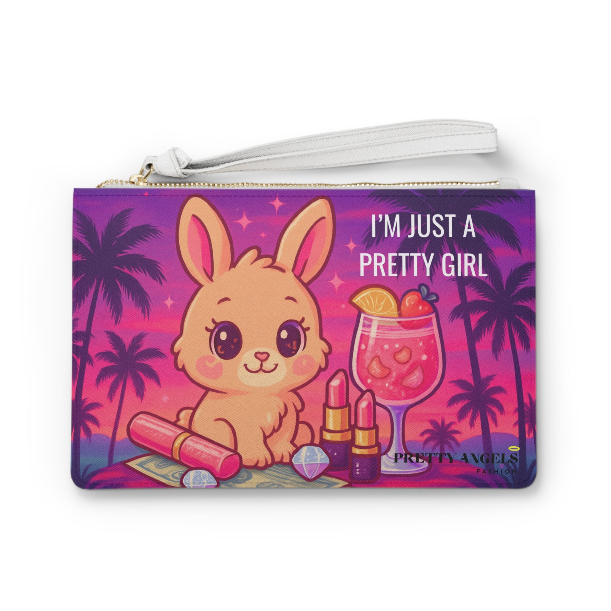 Luxury Pretty Girl Bunny Clutch Purse - Cute Makeup Travel Bag with Wrist Strap, Bunny on Money, Makeup, & Sunset Palm Tree Design