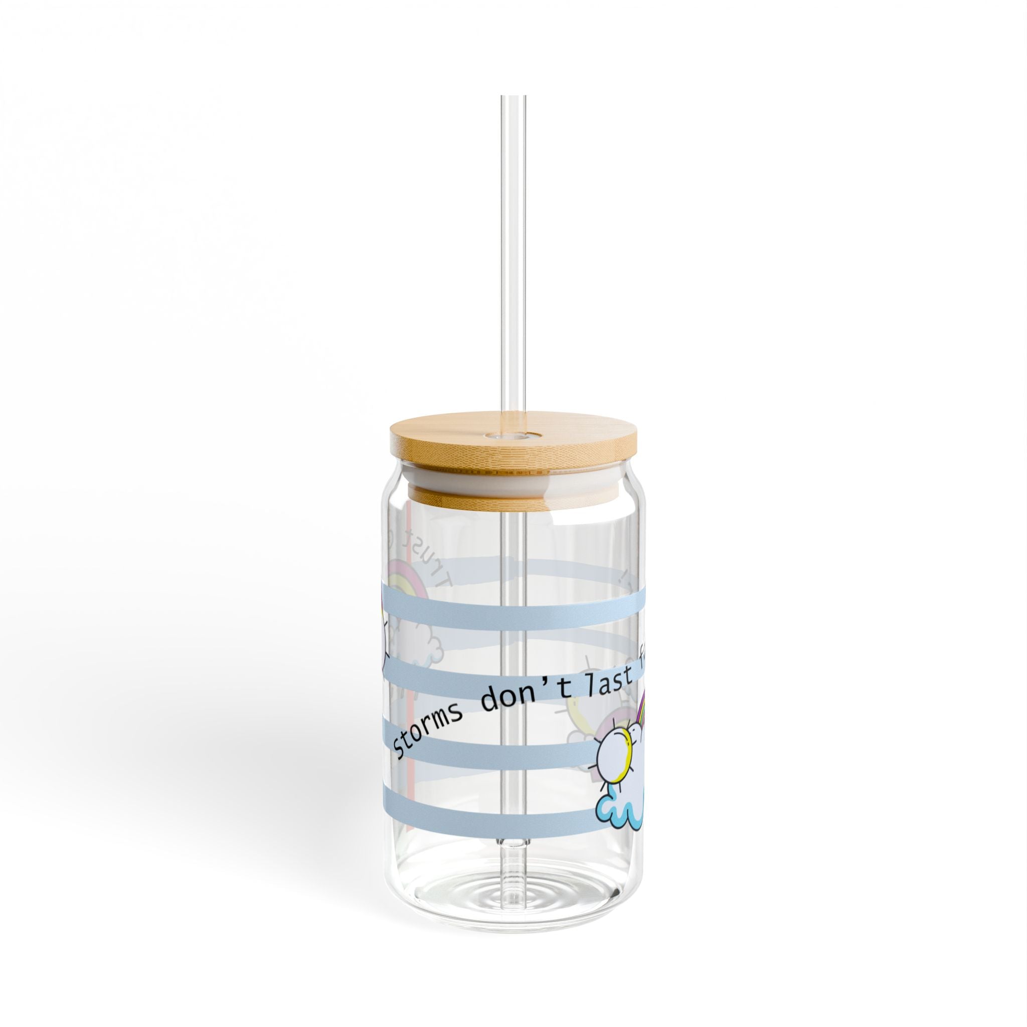 “Trust God, Storms don’t last forever!“ 16oz Clear Sipper Glass with Bamboo Lid & Tritan Straw – Cute Notebook Paper Design with Clouds & Rainbow | Faith-Based Girly Cup